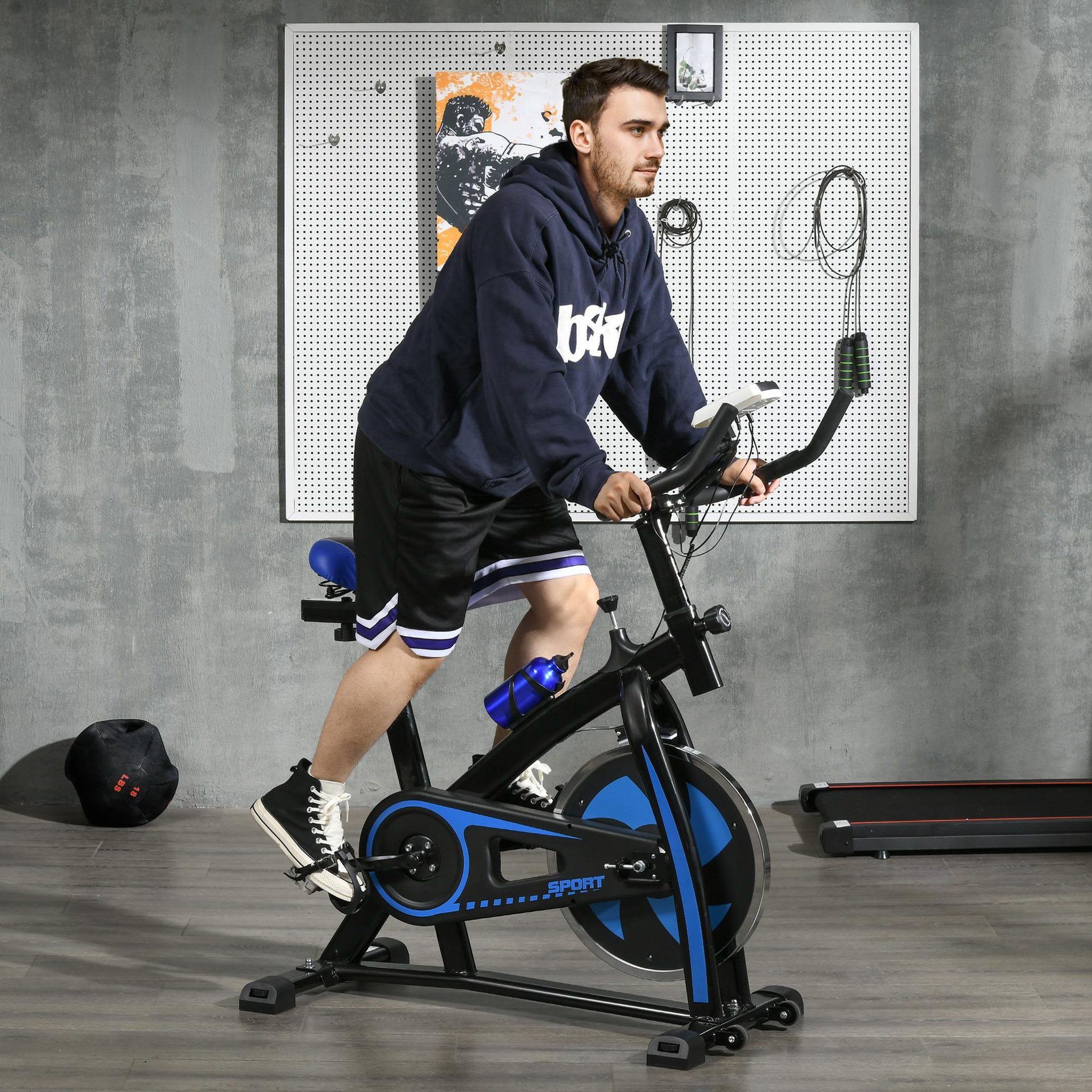 Voir la diapositive 2 : HOMCOM Vélo d'appartement cardio - vélo biking - écran LCD multifonction, selle, guidon réglable, volant inertie 8 Kg - acier bleu noir