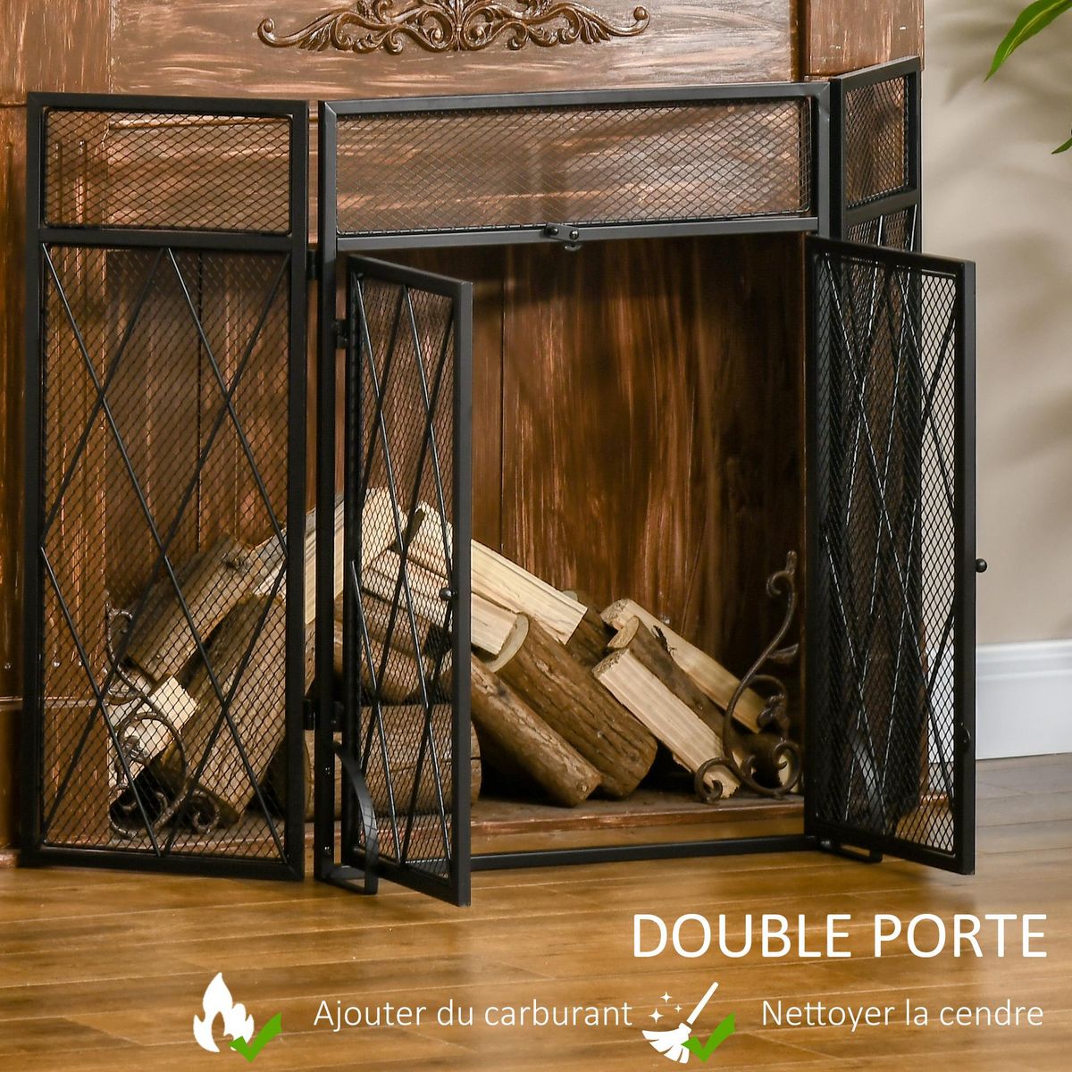 HOMCOM Pare-feu large pour cheminée ou poêle - pare-étincelles - 3 volets pliables et portes - métal noir