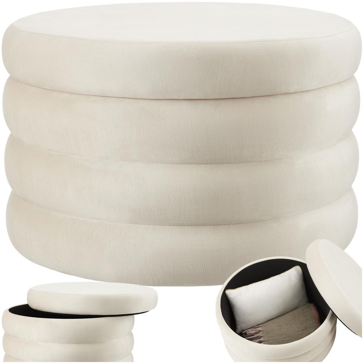 tectake Tabouret avec espace de rangement rond Aspect velours crème/ blanc