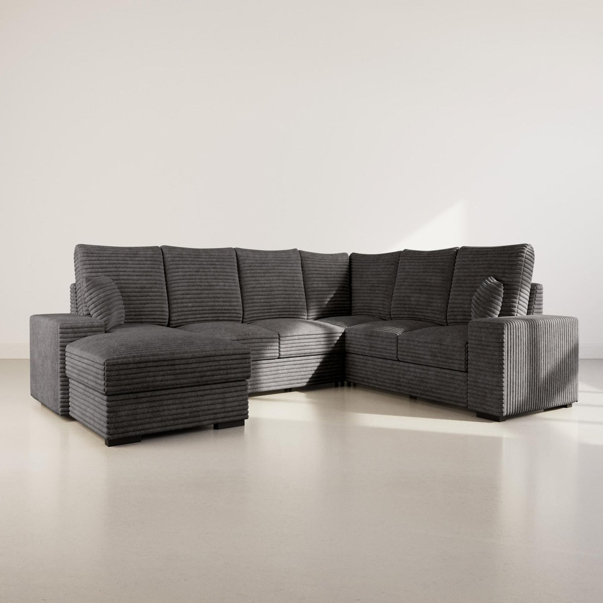 BEST MOBILIER Lorie - canapé panoramique d'angle droit 7 places convertible en velours côtelé grosse côte avec coffre