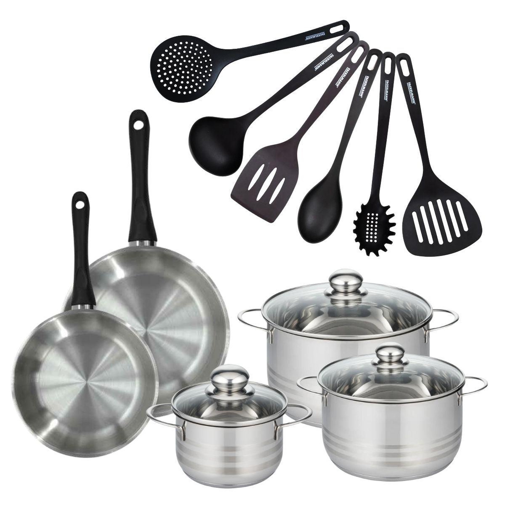 Fackelmann Batterie de cuisine avec 2 poêles 20/24 cm et 3 faitouts 16/20/24 cm avec 6 ustensiles de cuisine sans pfas fackelmann généva brillant fénix