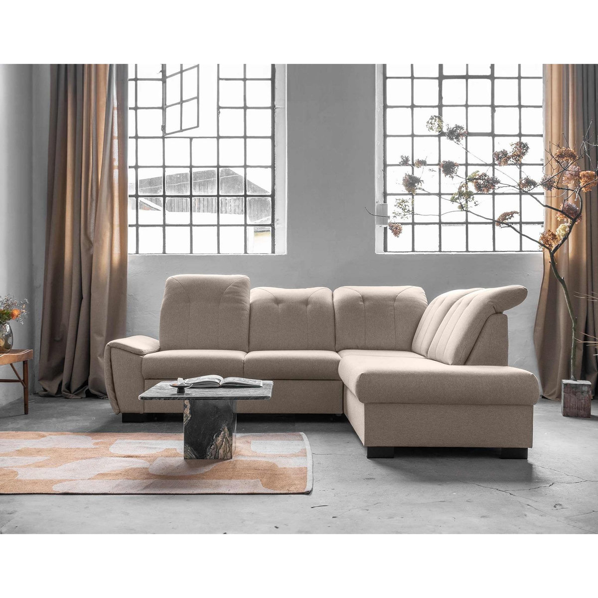 BEST MOBILIER Paul - canapé d'angle droit - 5 places - convertible avec coffre et têtières - en tissu