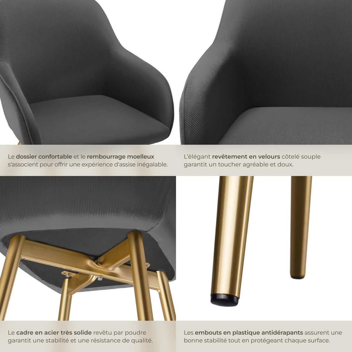 tectake Chaise de salle à manger rembourrée en velours côtelé gris anthracite/jaune or Lot de 6
