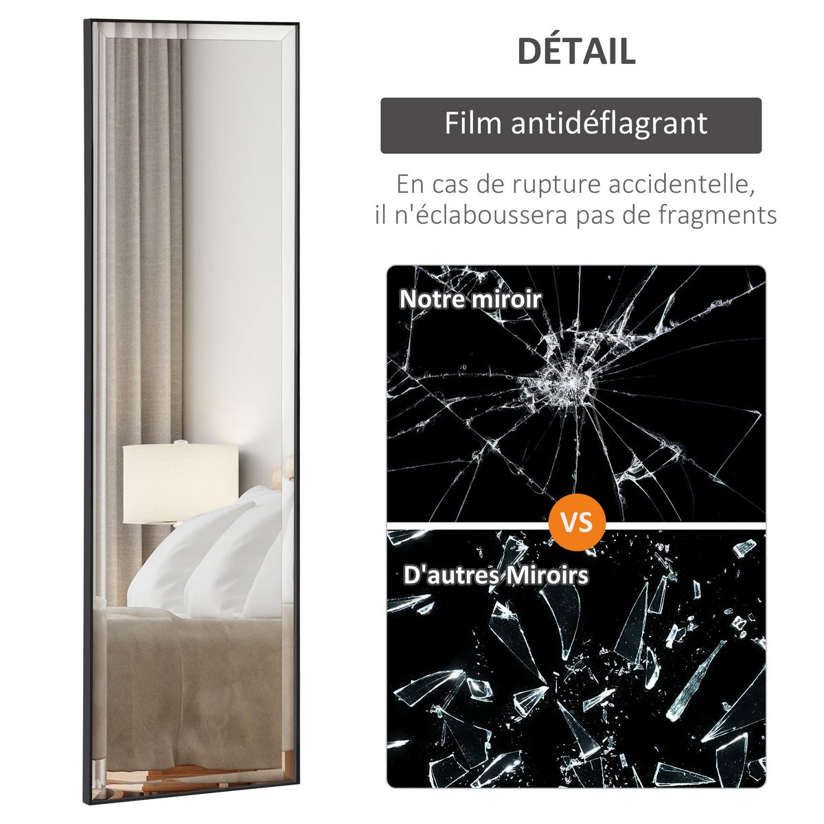 HOMCOM Miroir mural dim. 120L x 35l cm - film sécurité anti déflagrant, système attache inclus - cadre alliage alu. noir
