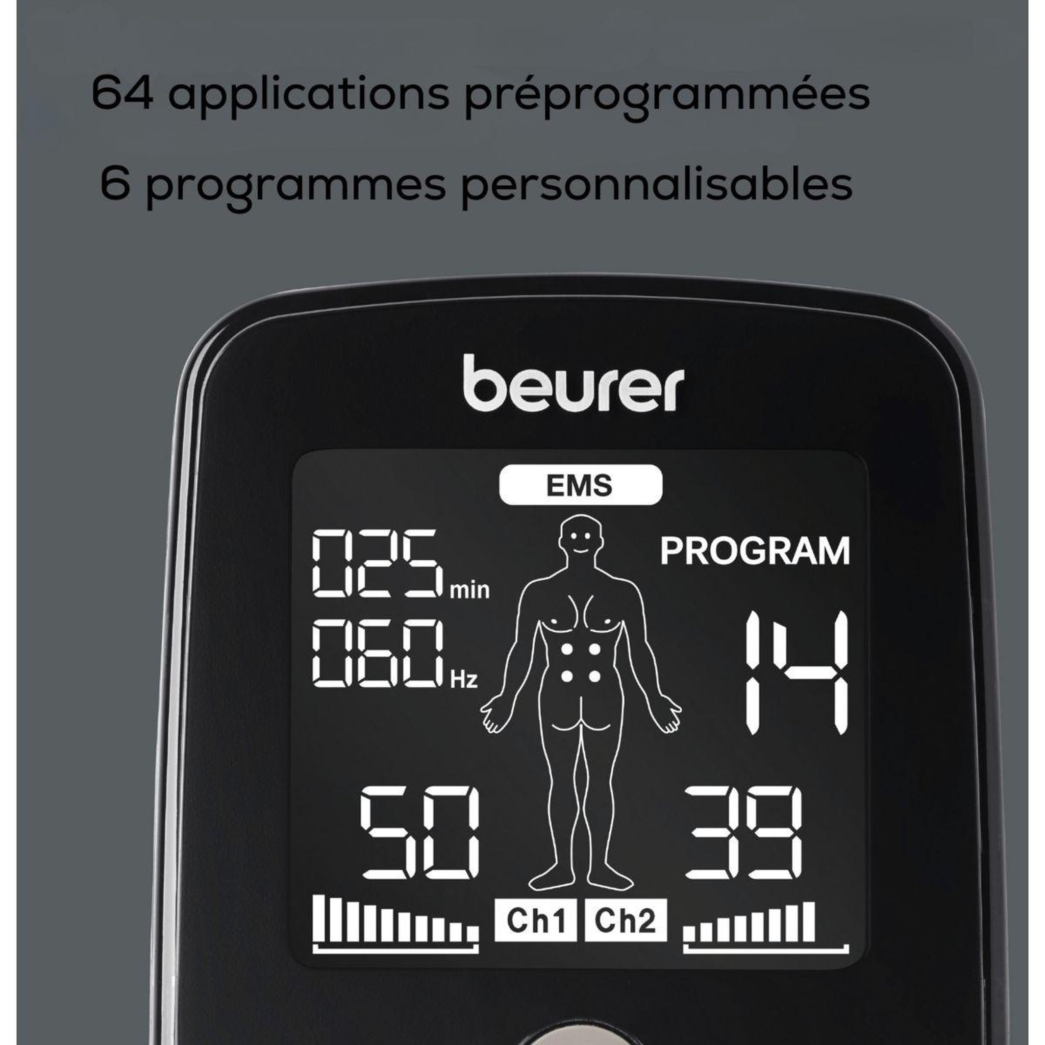 Voir la diapositive 3 : Beurer Appareil électrostimulation EM 1 R Relief+  64 programmes