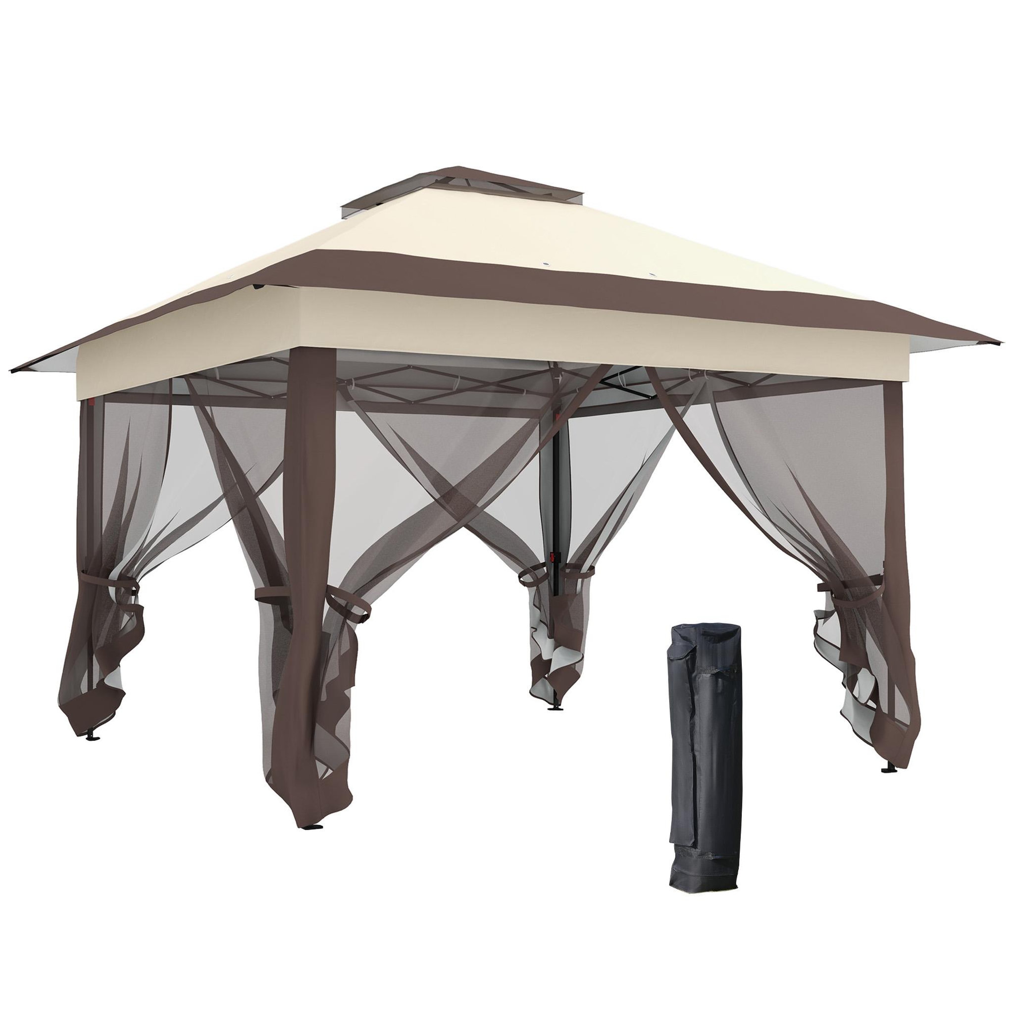 OUTSUNNY Tonnelle barnum de jardin pop-up pliant 3,64L x 3,64l x 2,98H m acier polyester moustiquaires + sac de transport à roulettes beige marron