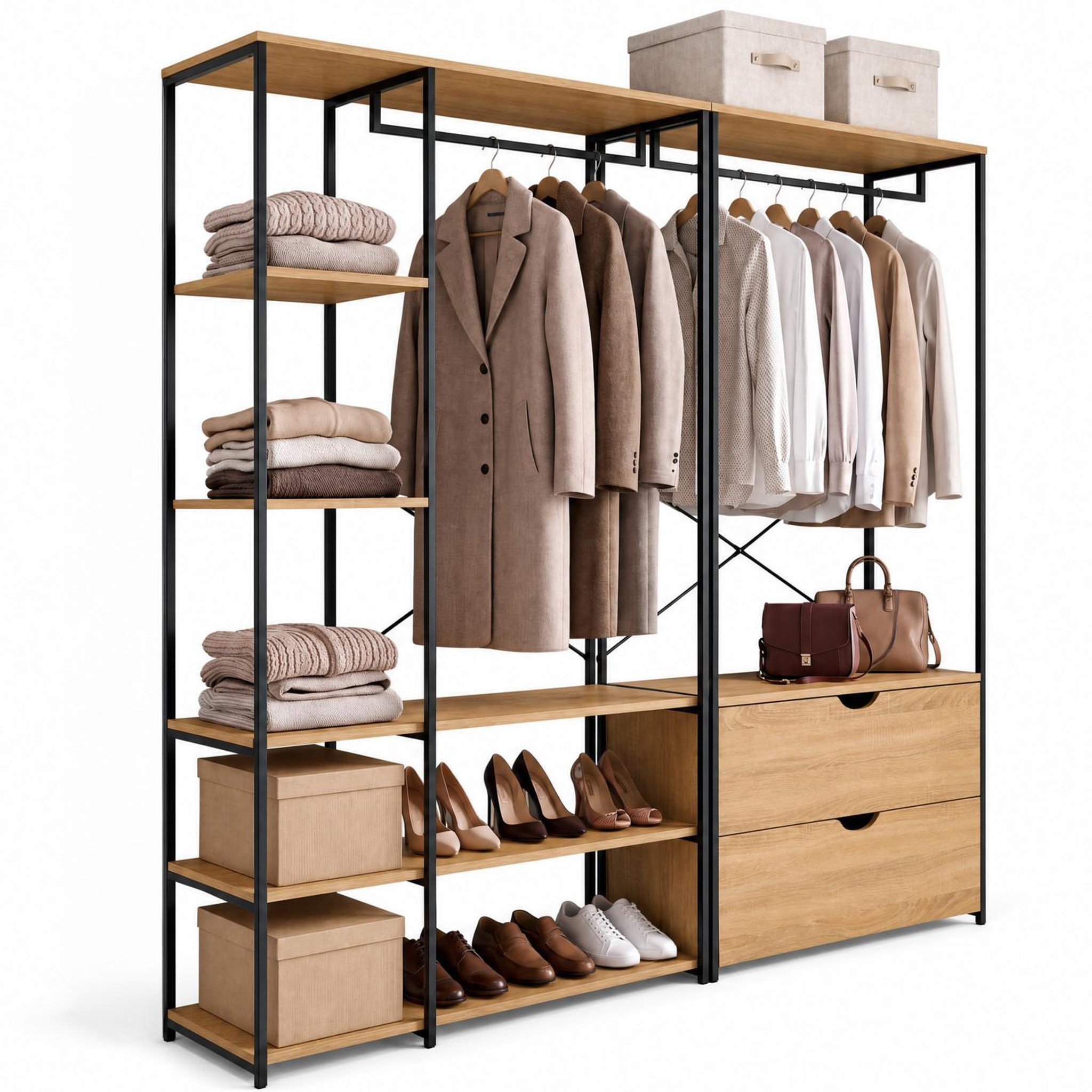 ID MARKET Dressing modulable double penderie étagères et 2 tiroirs detroit design industriel