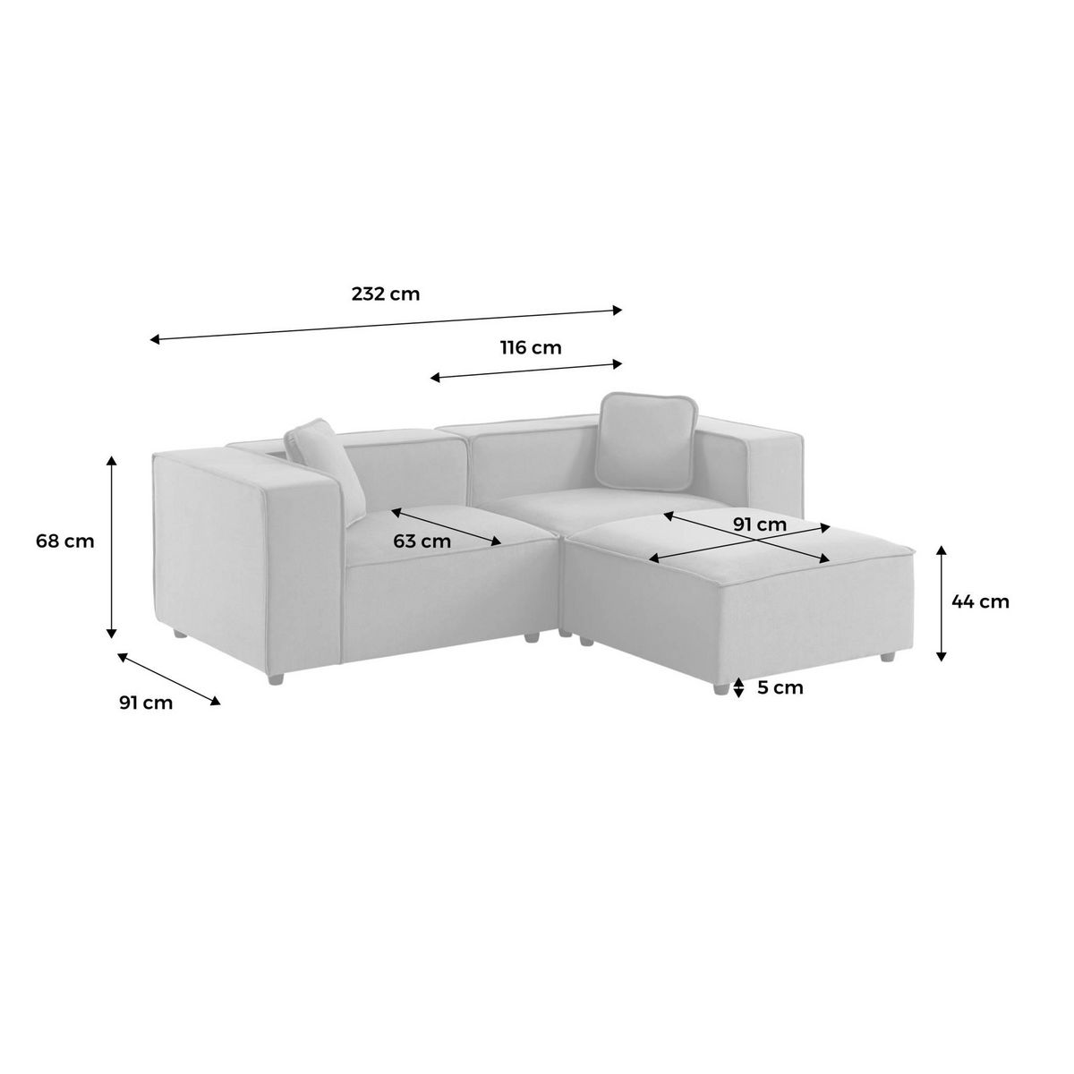 SWEEEK Canapé modulable en tissu gris. 2-3 places déperlant. 2 corners + 1 pouf