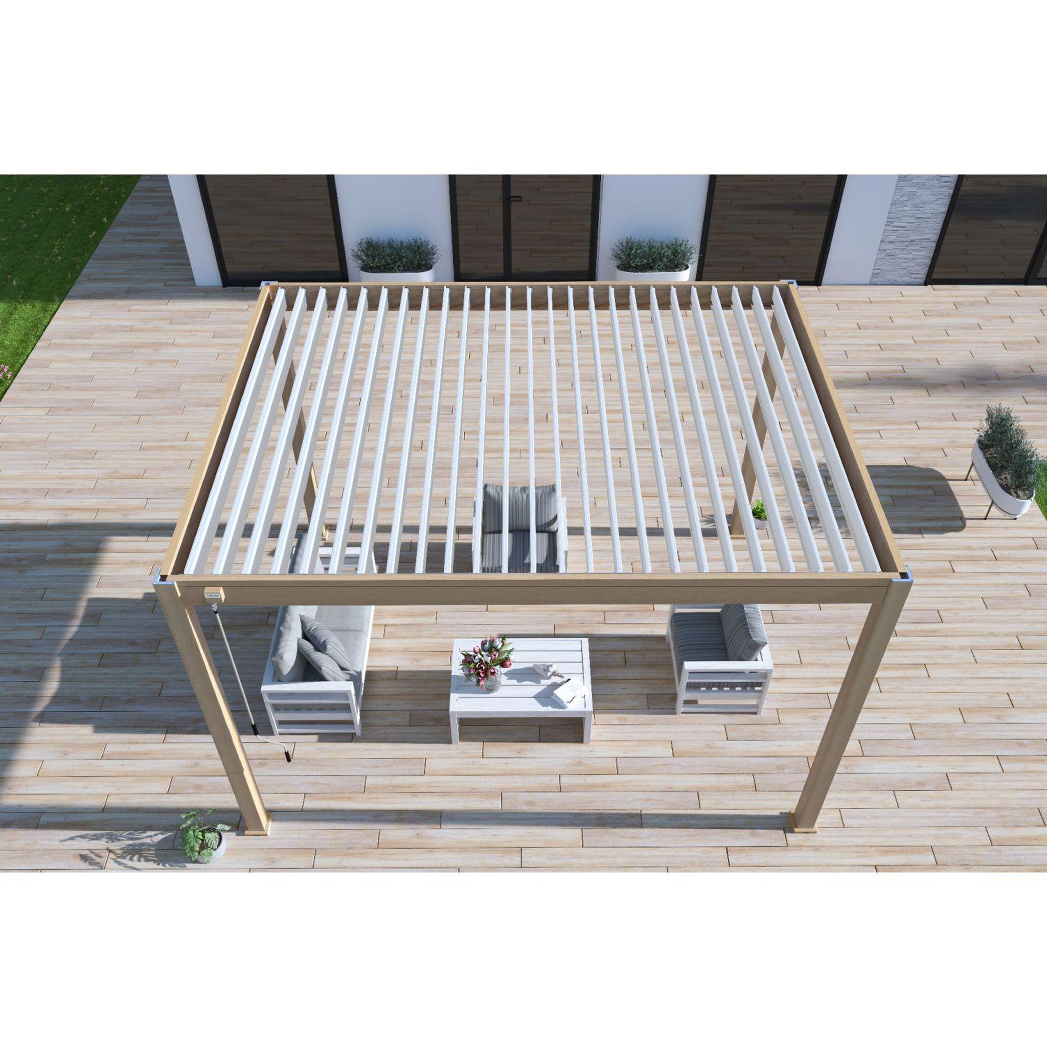 Voir la diapositive 7 : Pergola Bioclimatique autoportée 3X4 m - Aluminium - effet bois naturel/blanc - VS OMBREA®