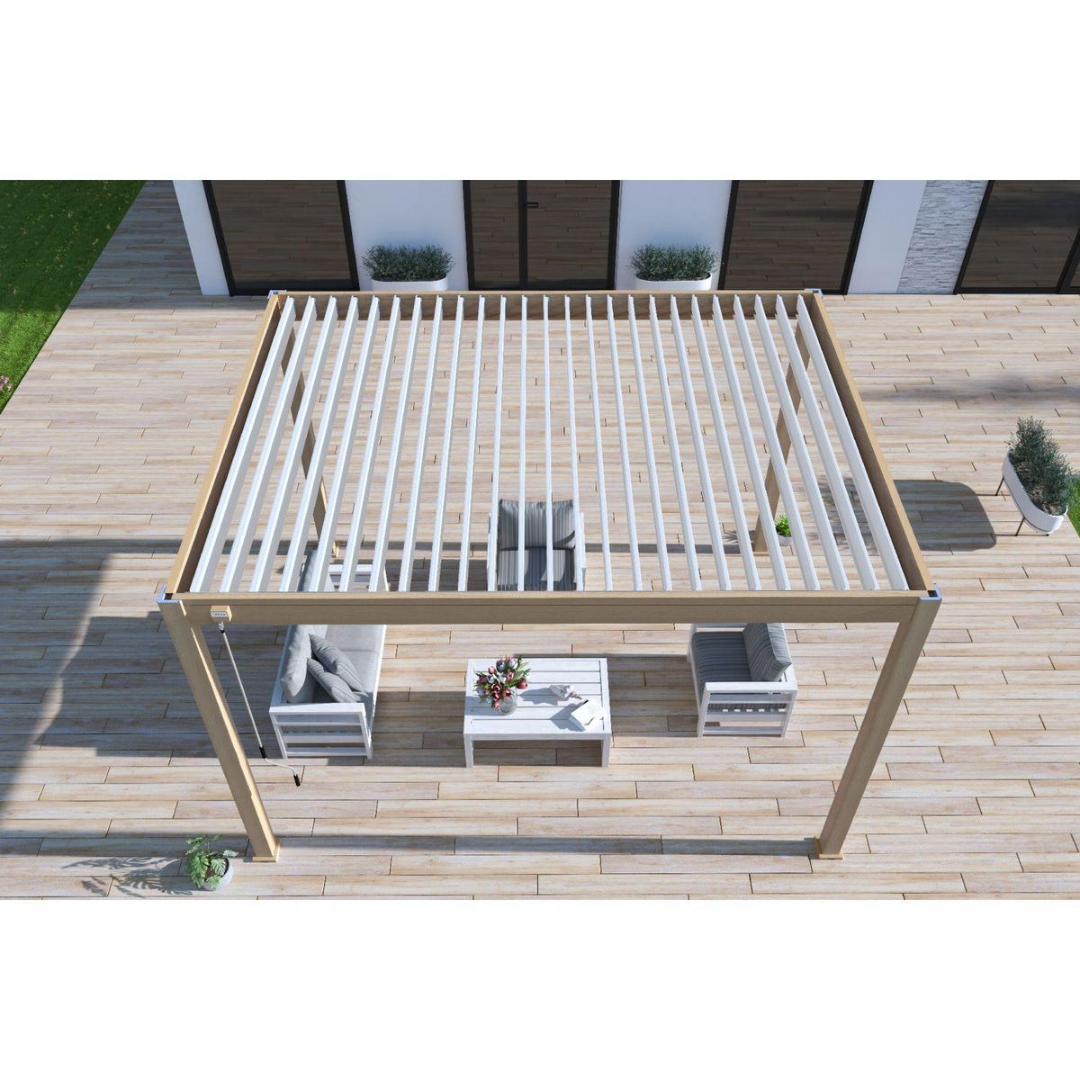 Pergola Bioclimatique autoportée 3X4 m - Aluminium - effet bois naturel/blanc - VS OMBREA®