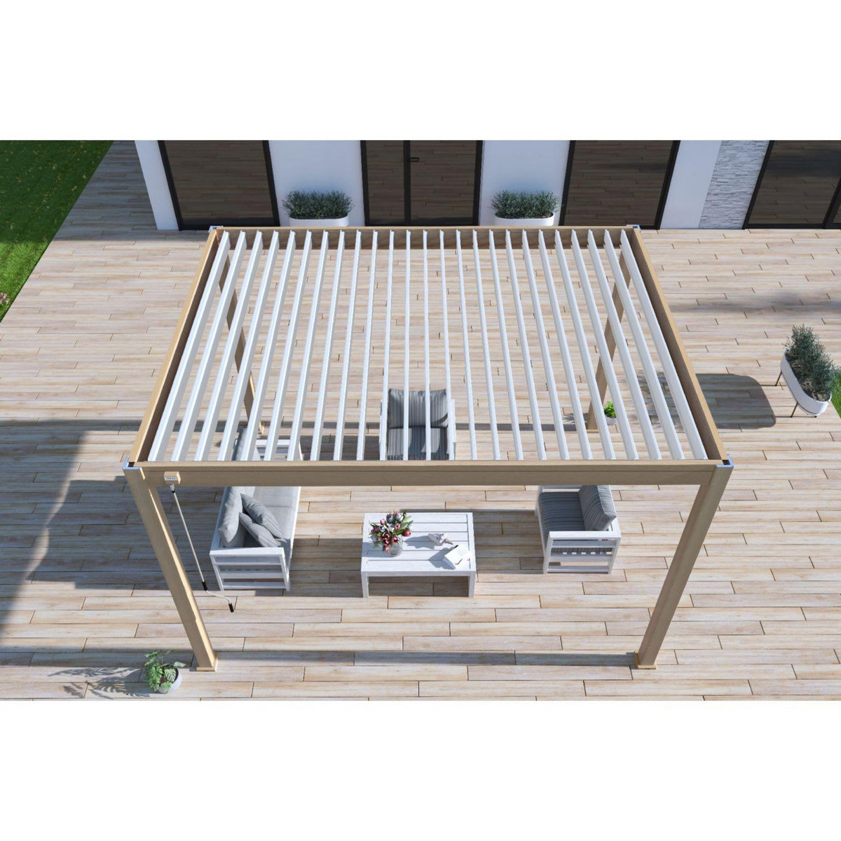 Pergola Bioclimatique autoportée 3X4 m - Aluminium - effet bois naturel/blanc - VS OMBREA®