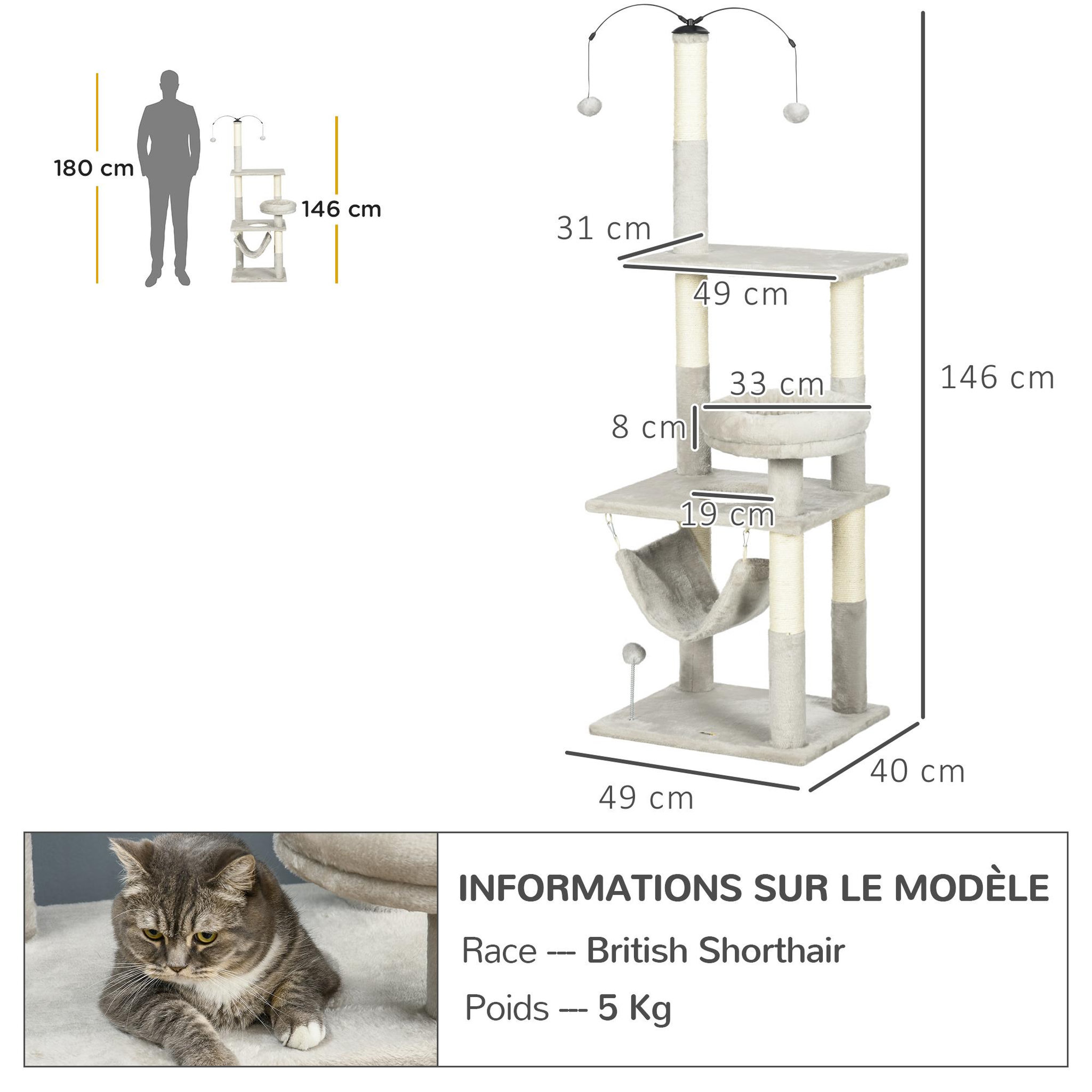Voir la diapositive 3 : PAWHUT Arbre à chat griffoirs sisal naturel plateforme panier hamac boules suspendues et à ressort peluche gris clair
