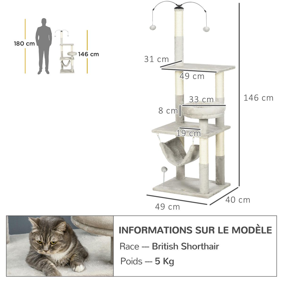 PAWHUT Arbre à chat griffoirs sisal naturel plateforme panier hamac boules suspendues et à ressort peluche gris clair