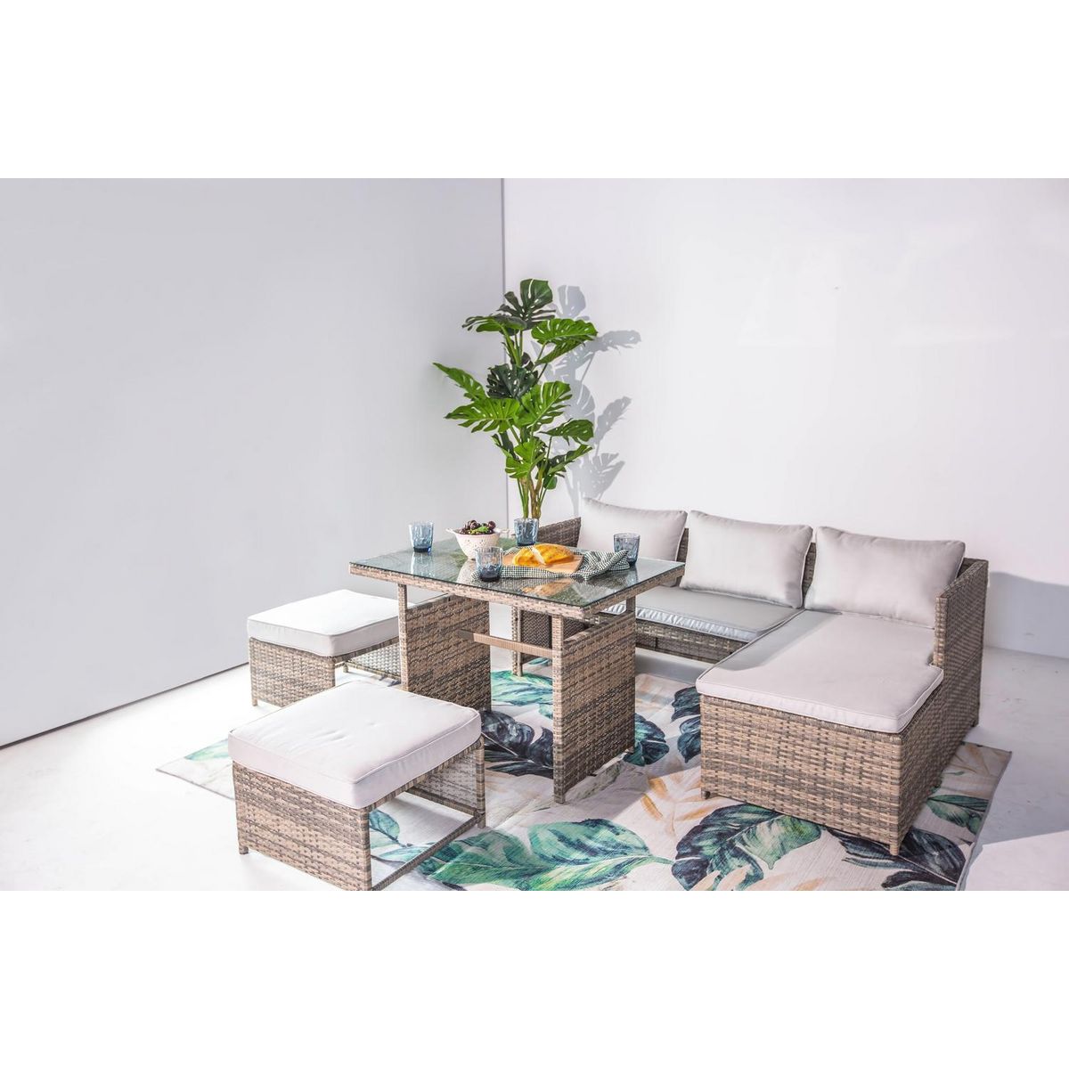 CONCEPT USINE Salon de jardin 5 places en résine tressée gris TENERIFE