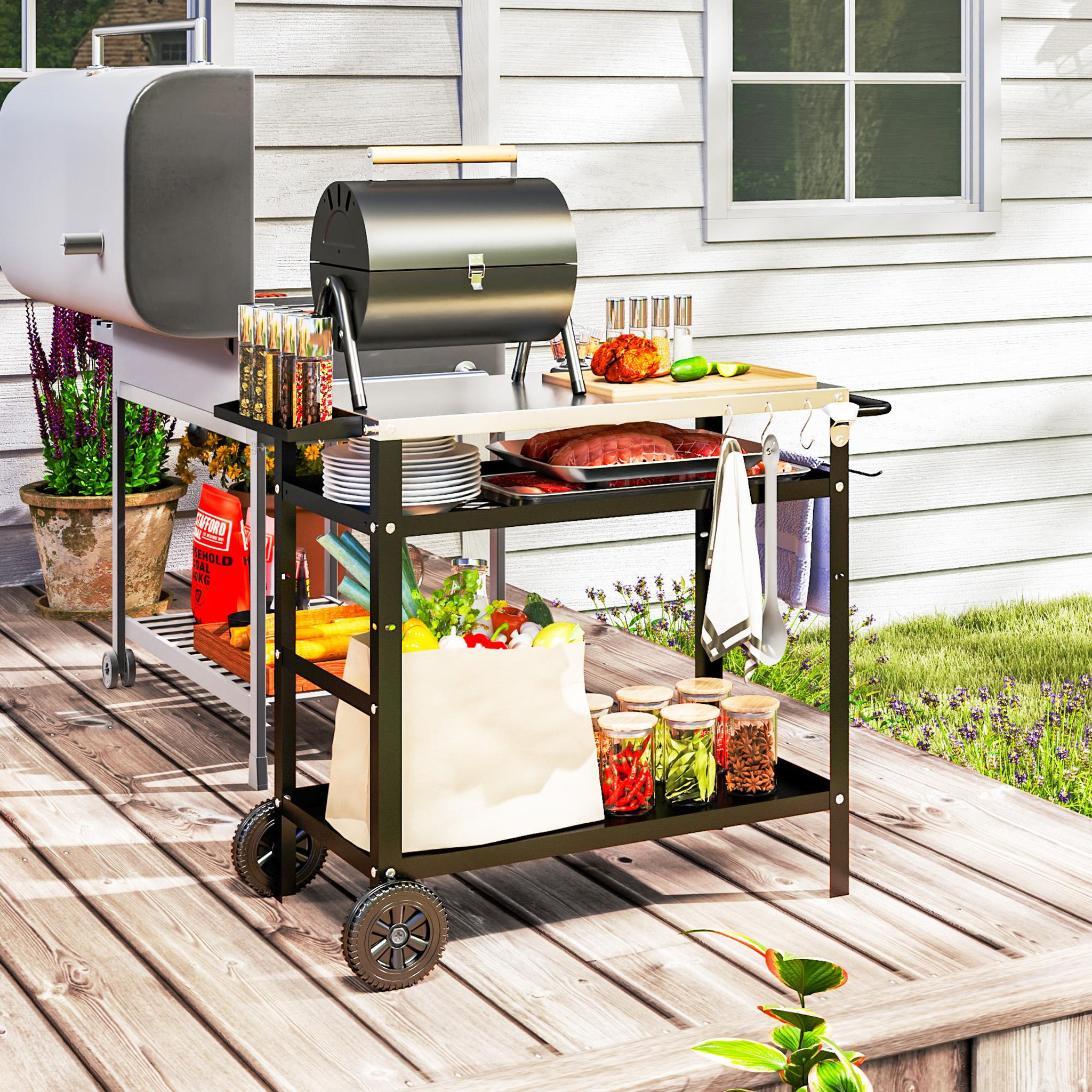 Voir la diapositive 2 : OUTSUNNY Desserte extérieure - desserte de jardin - 2 étagères, tablette condiments plateau acier inox. housse
