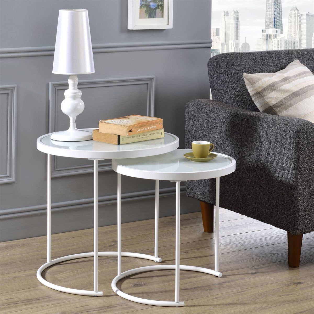 IDIMEX Lot de 2 tables d'appoint gigognes LEYRE, plateau rond en verre