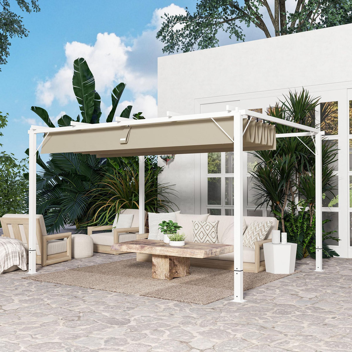OUTSUNNY Pergola coulissante rétractable 3 x 4 m aluminium blanc toile UPF30+ kaki
