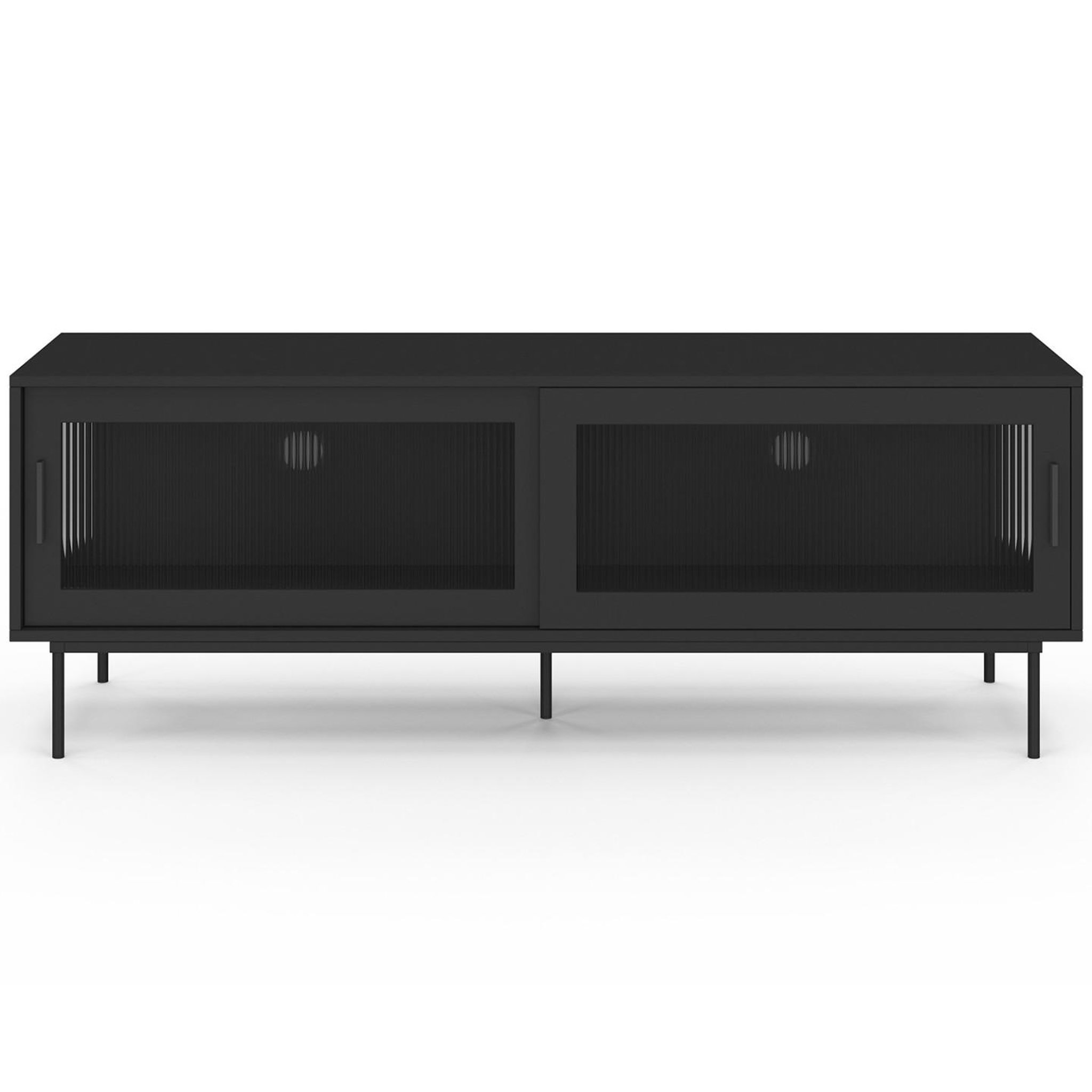Voir la diapositive 3 : ID MARKET Meuble tv 140 cm zineb 2 portes coulissantes vitrées façade cannelée noir