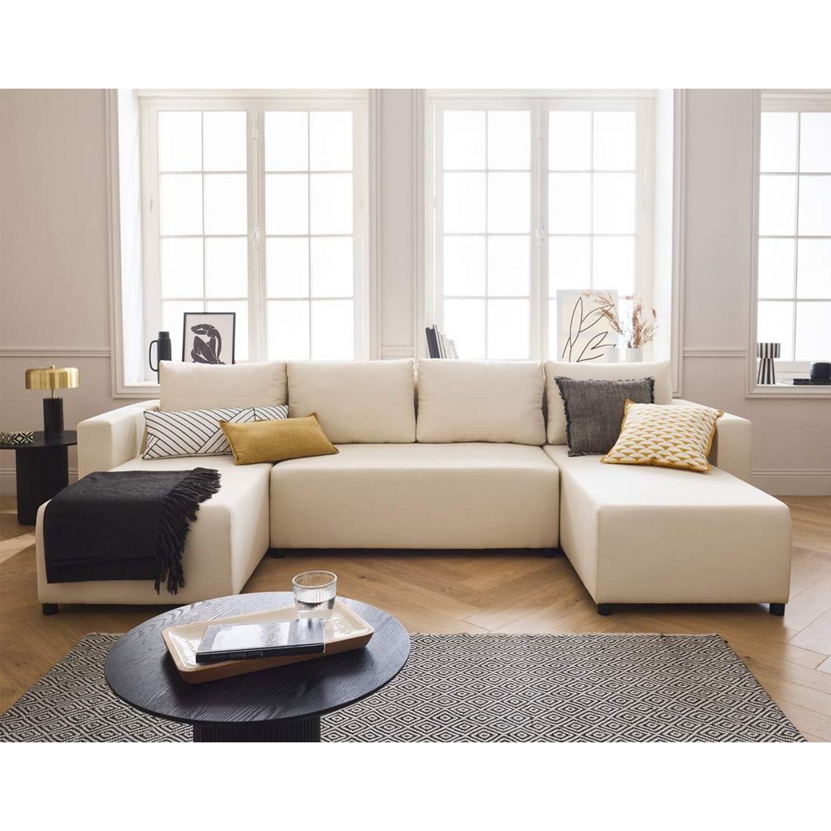 BEST MOBILIER Regala - canapé panoramique - 7 places - convertible avec coffre - en tissu