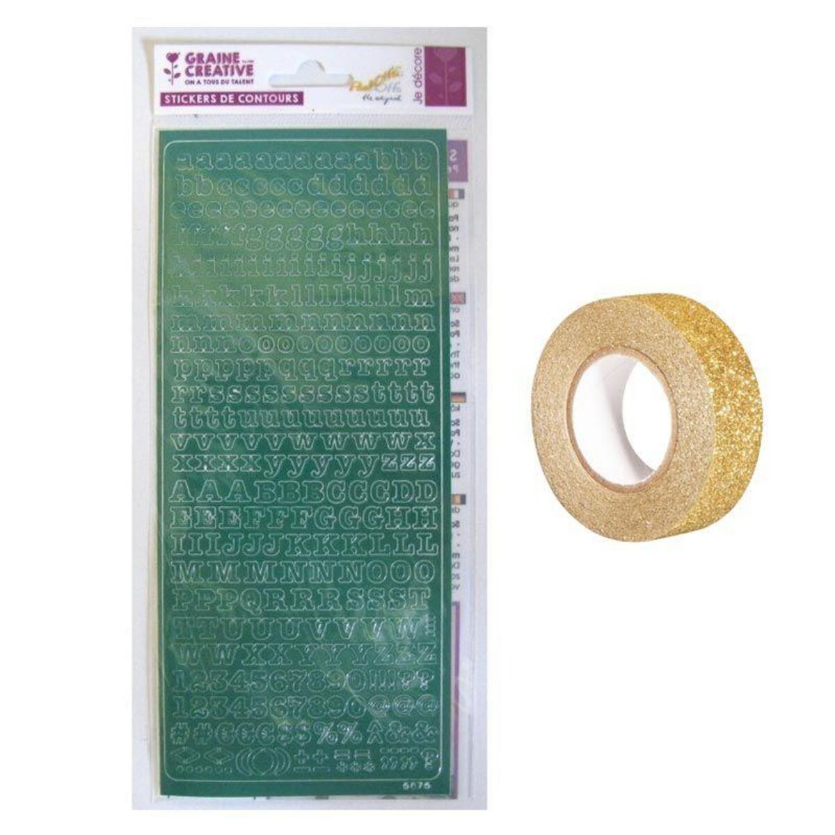 Youdoit Stickers Alphabet vert 10,5 x 23,2 cm + masking tape doré à paillettes 5 m