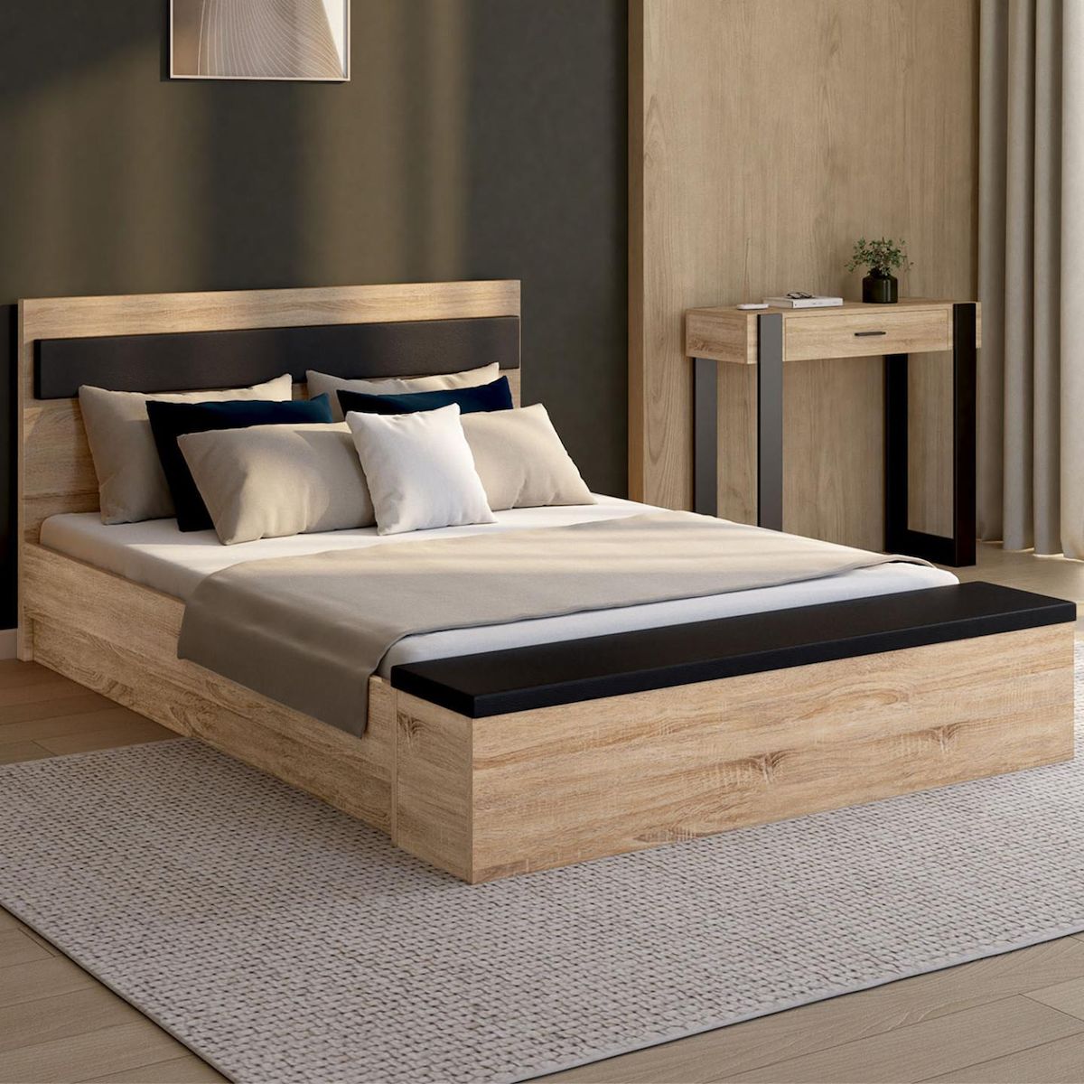 ID MARKET Lit double GAELLE tête de lit + banc coffre et sommier 140 x 190 cm bois et noir