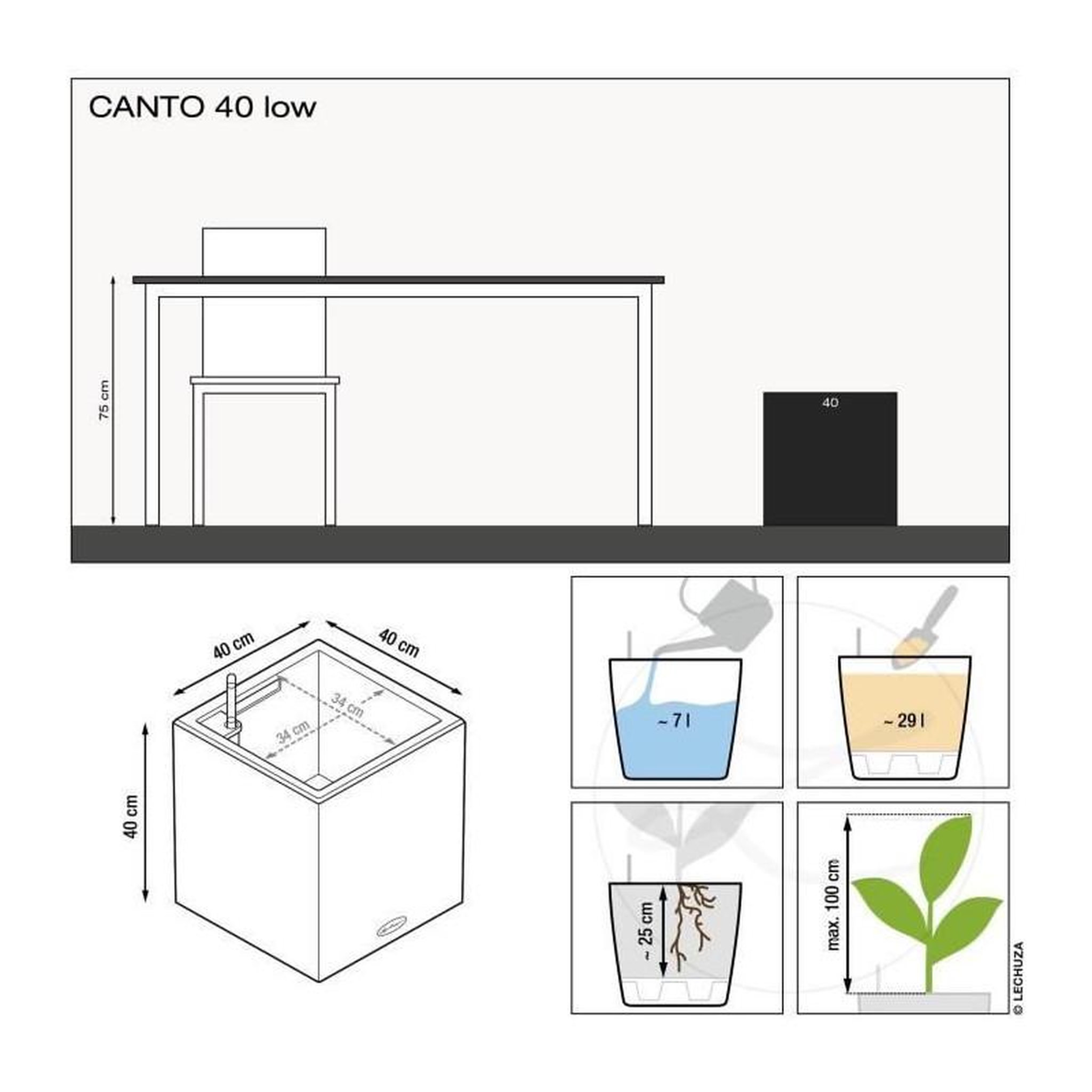 Voir la diapositive 3 : LECHUZA LECHUZA Jardiniere Canto Color Square 40 ALL-IN-ONE Graphite 13722