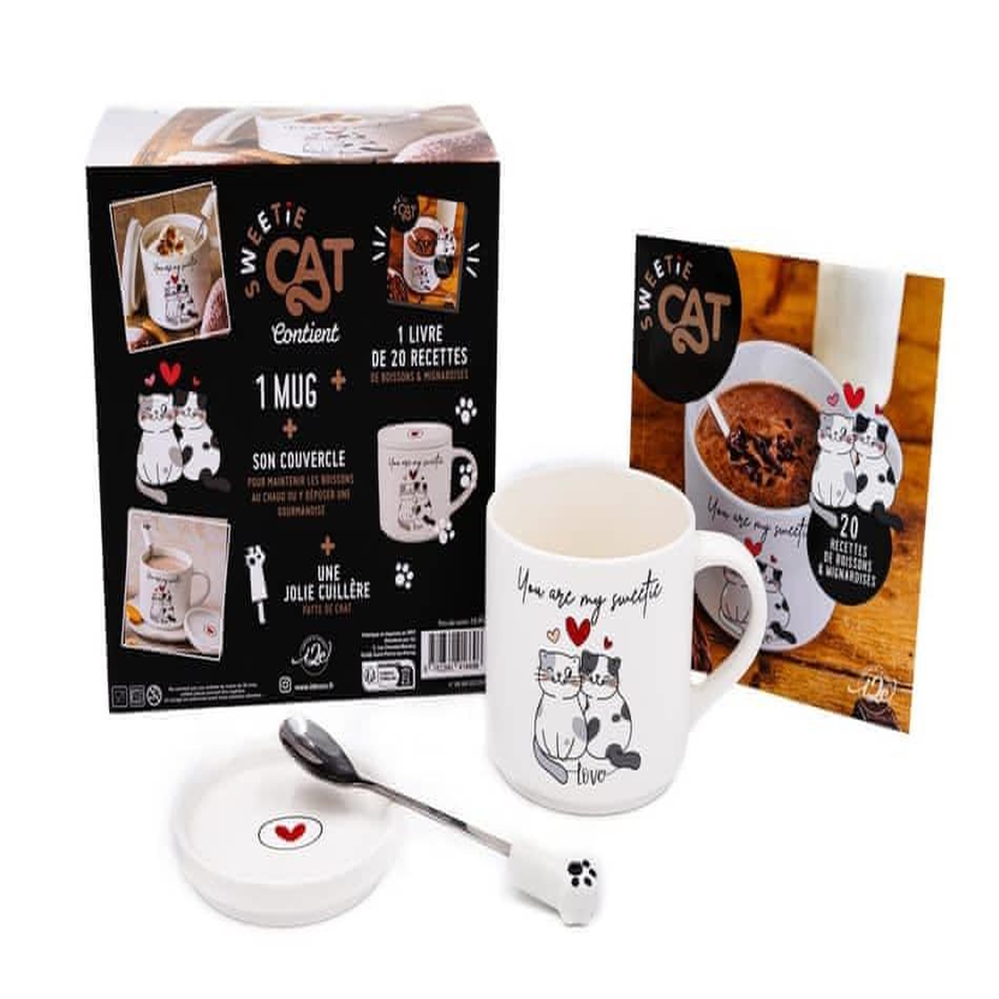 SWEETIE CAT BLANC. COFFRET AVEC 1 MUG ET SON COUVERCLE, 1 JOLIE CUILLERE ET 1 LIVRE DE RECETTES, Desgages Aurélie