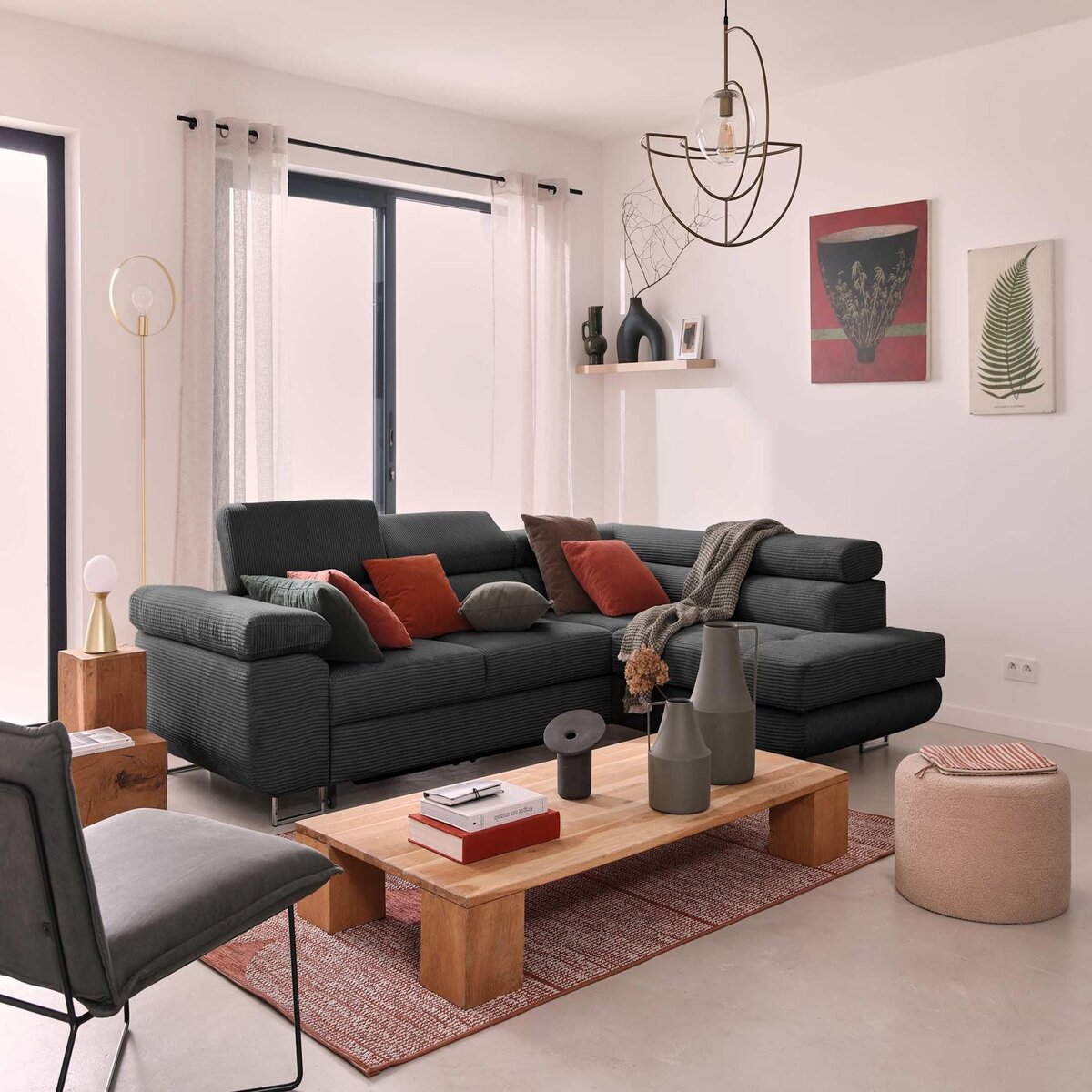 BEST MOBILIER Zaria - canapé d'angle droit - convertible avec coffre et têtières réglables - 5 places - en velours côtelé