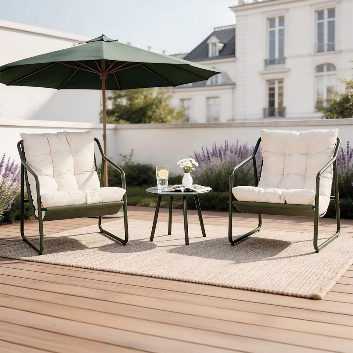 CONCEPT USINE Ensemble de jardin 2 fauteuils vert kaki avec table basse ATRANI