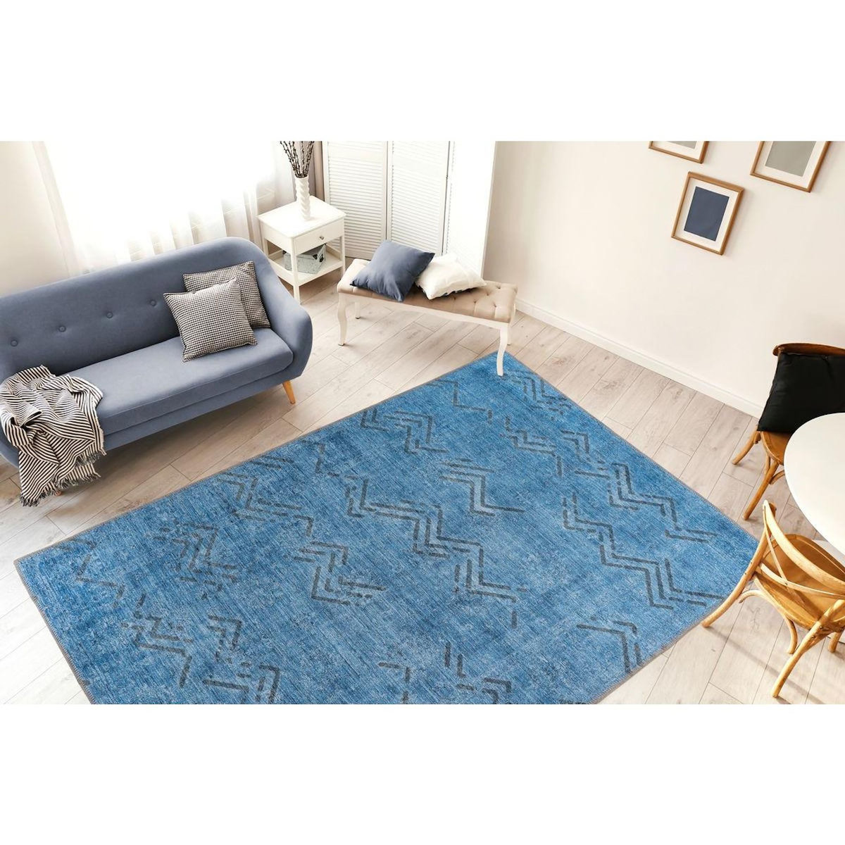Paris Prix Tapis Tissé à Poils Courts  Antique  Bleu
