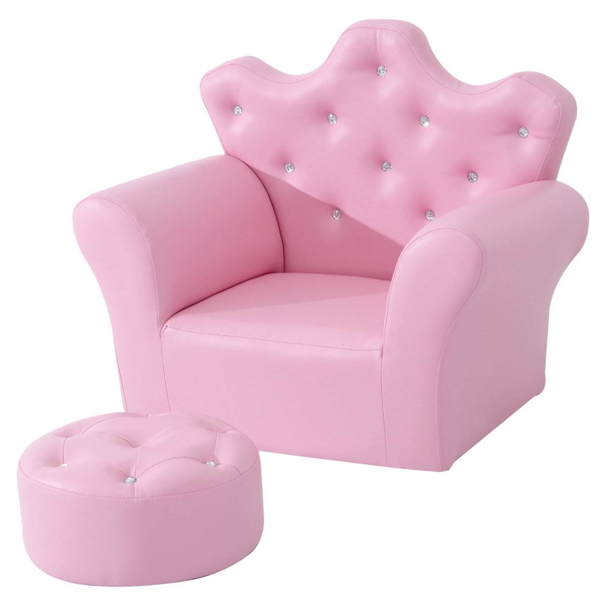 HOMCOM Ensemble fauteuil et pouf enfant design couronne de princesse - dossier et assise pouf avec boutons strass aspect cristaux - structure bois revêtement synthétique PVC rose
