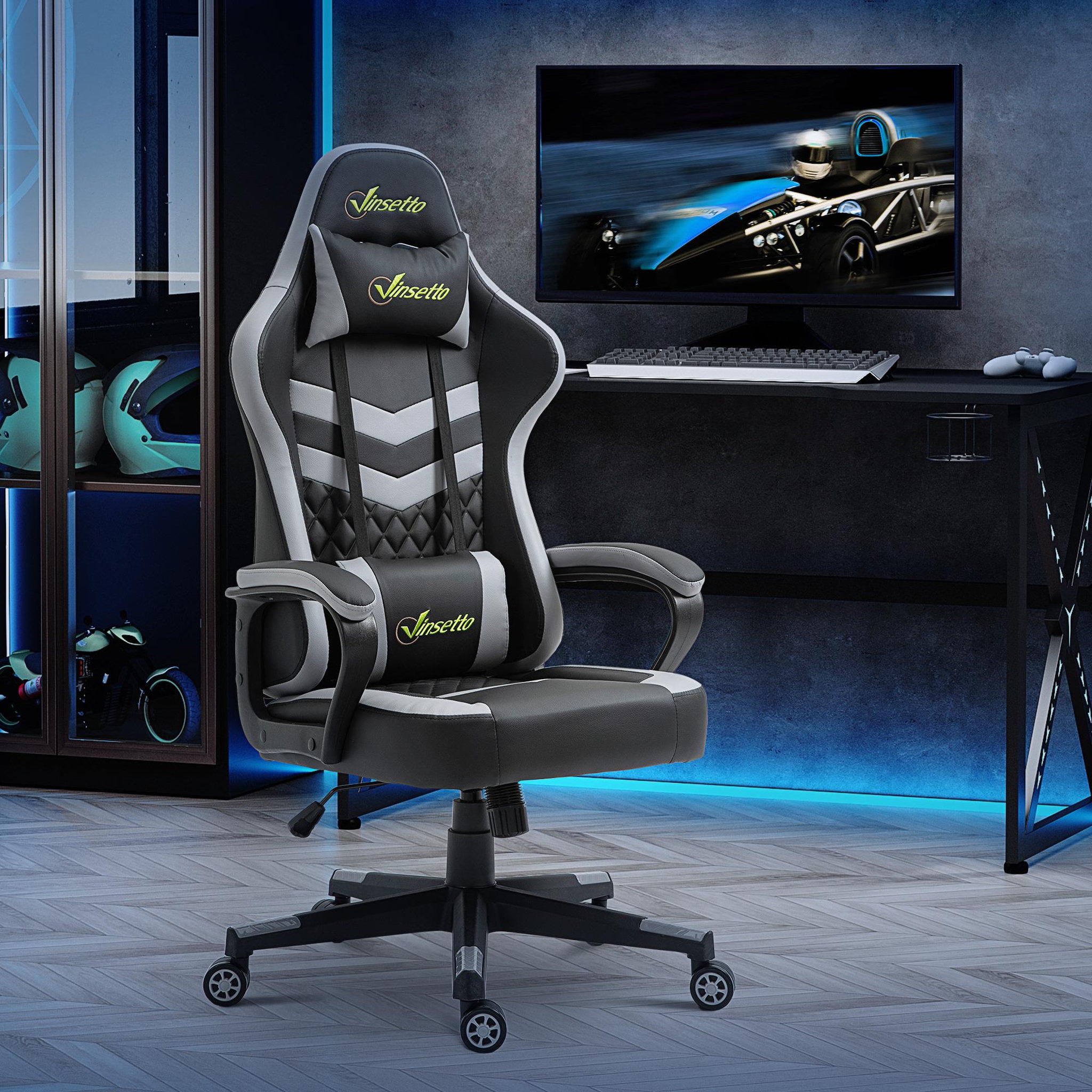 Voir la diapositive 2 : VINSETTO Chaise de bureau gaming réglable - coussin lombaires et tétière inclus - fonction bascule verrouillable - noir gris
