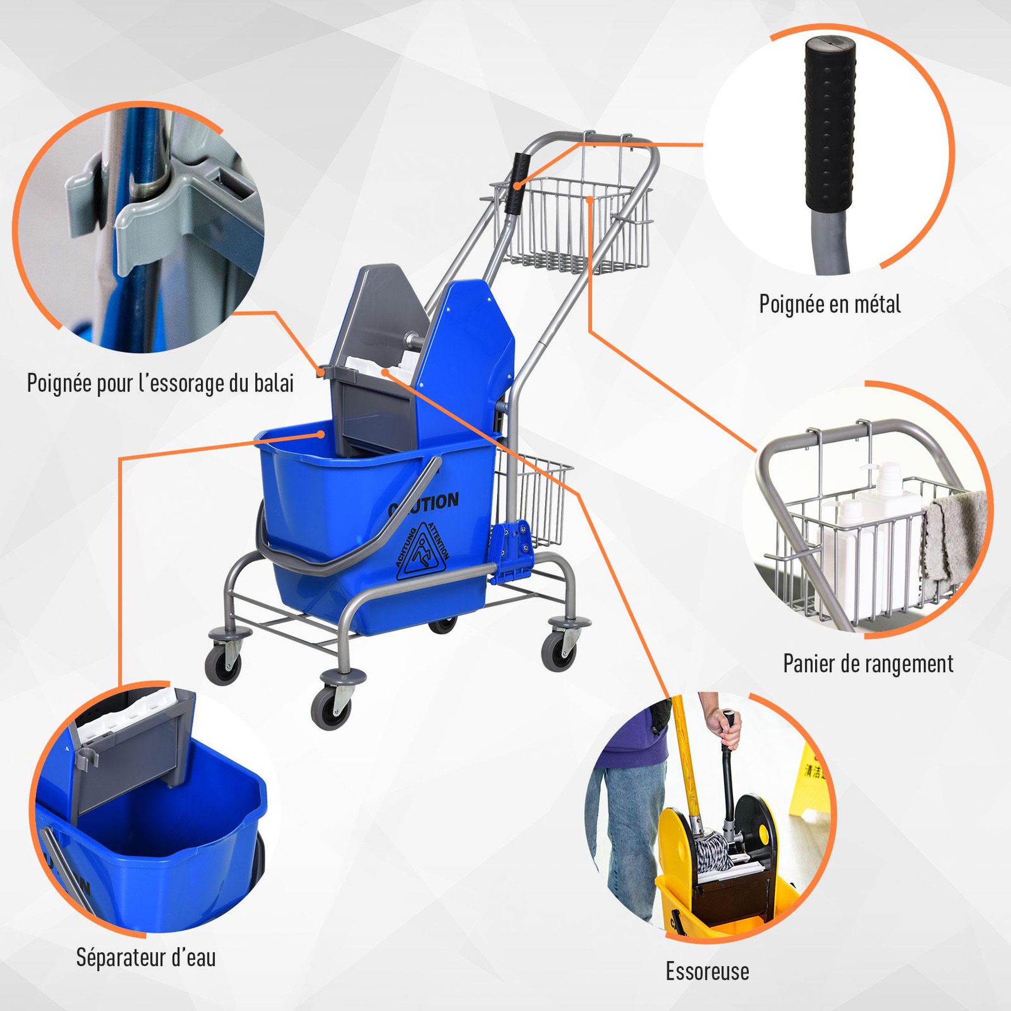 Voir la diapositive 5 : HOMCOM Chariot de lavage chariot de nettoyage professionnel en acier presse à mâchoire seau + rangements bleu