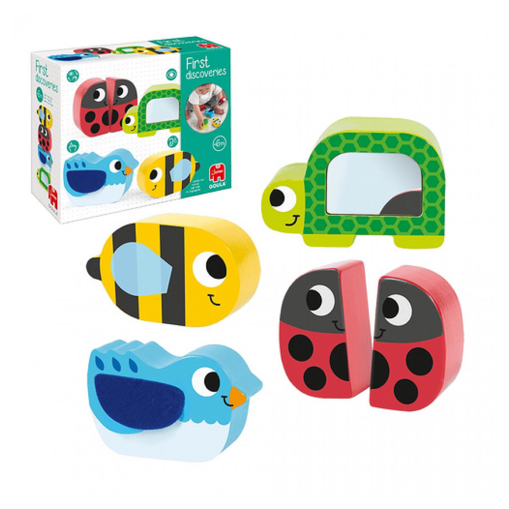 Voir la diapositive 5 : Goula First discoveries Quatre animaux en bois