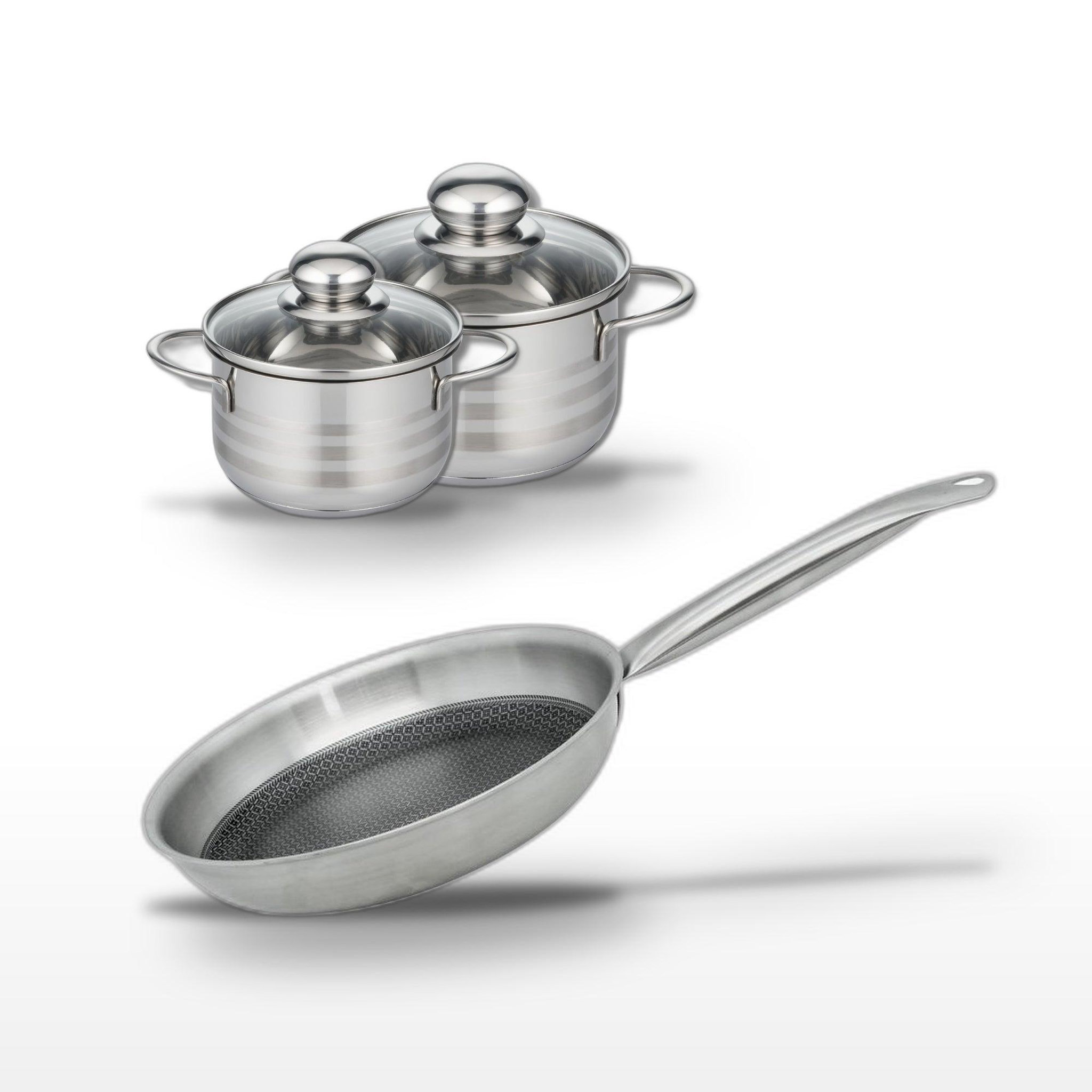ELO Batterie de cuisine avec 1 poêle de cuisson 24 cm et 2 faitouts 12/14 cm en inox sans pfas elo collection relief solution brillant