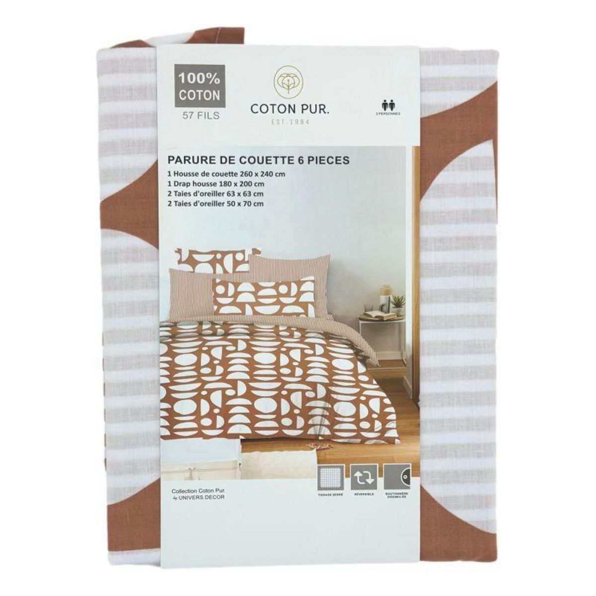 COTON PUR Pack complet housse de couette réversible pour lit 180 x 200 cm  King size  Mykonos sienne