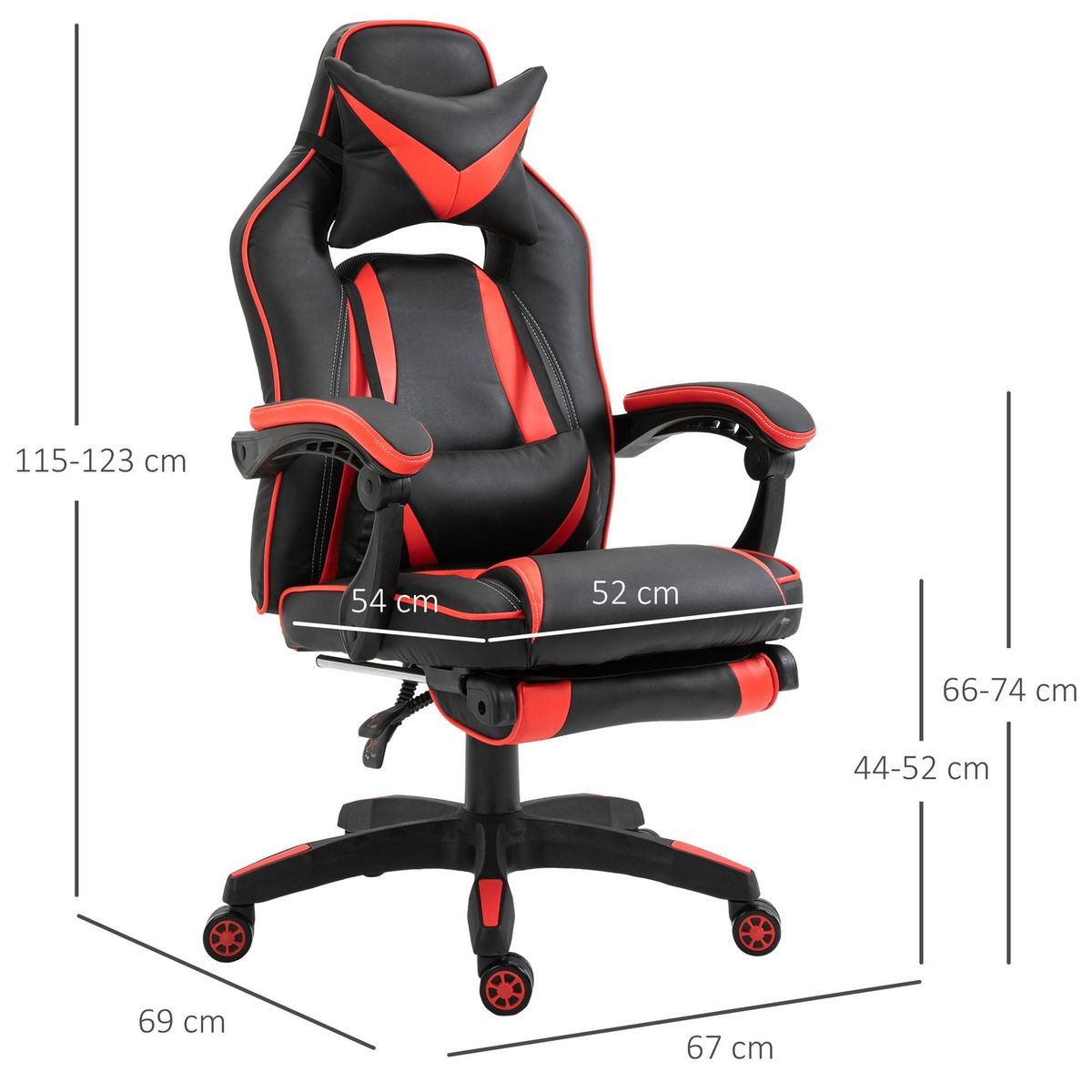 HOMCOM HOMCOM Fauteuil gamer grand confort fauteuil de bureau gamer pivotant inclinable avec coussins et repose-pieds revêtement synthétique noir rouge