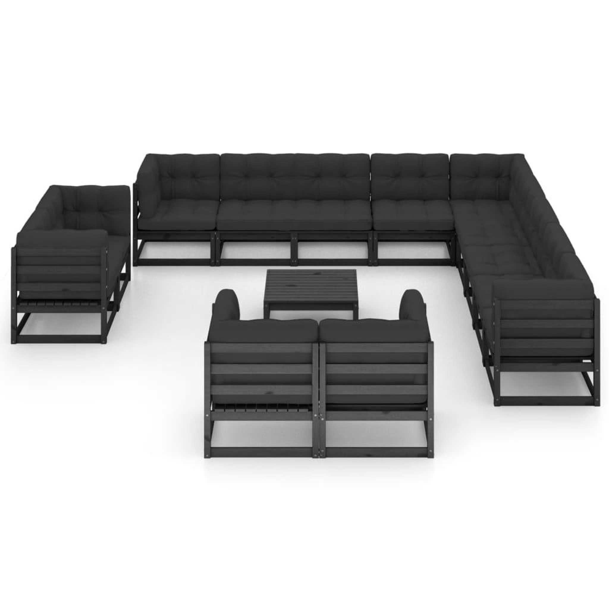 Voir la diapositive 3 : VIDAXL Salon de jardin 14 pcs avec coussins Noir Bois de pin massif