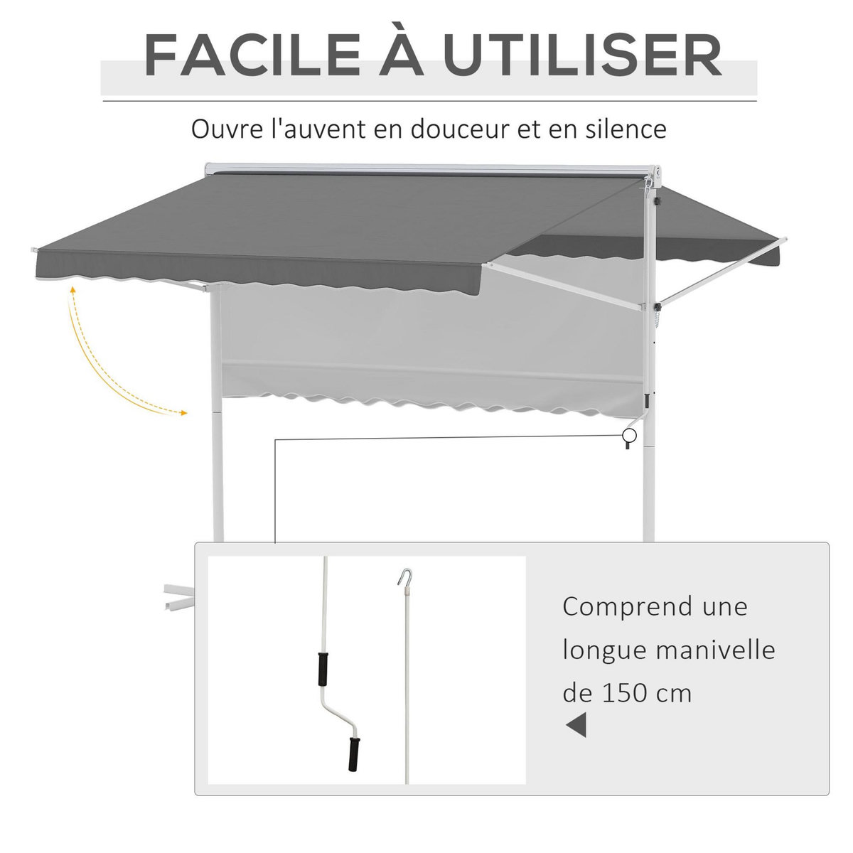 OUTSUNNY Store double pente manuel rétractable inclinaison réglable acier époxy blanc polyester imperméabilisé anti-UV gris dim. 3L x 2,95l x 2,6H m