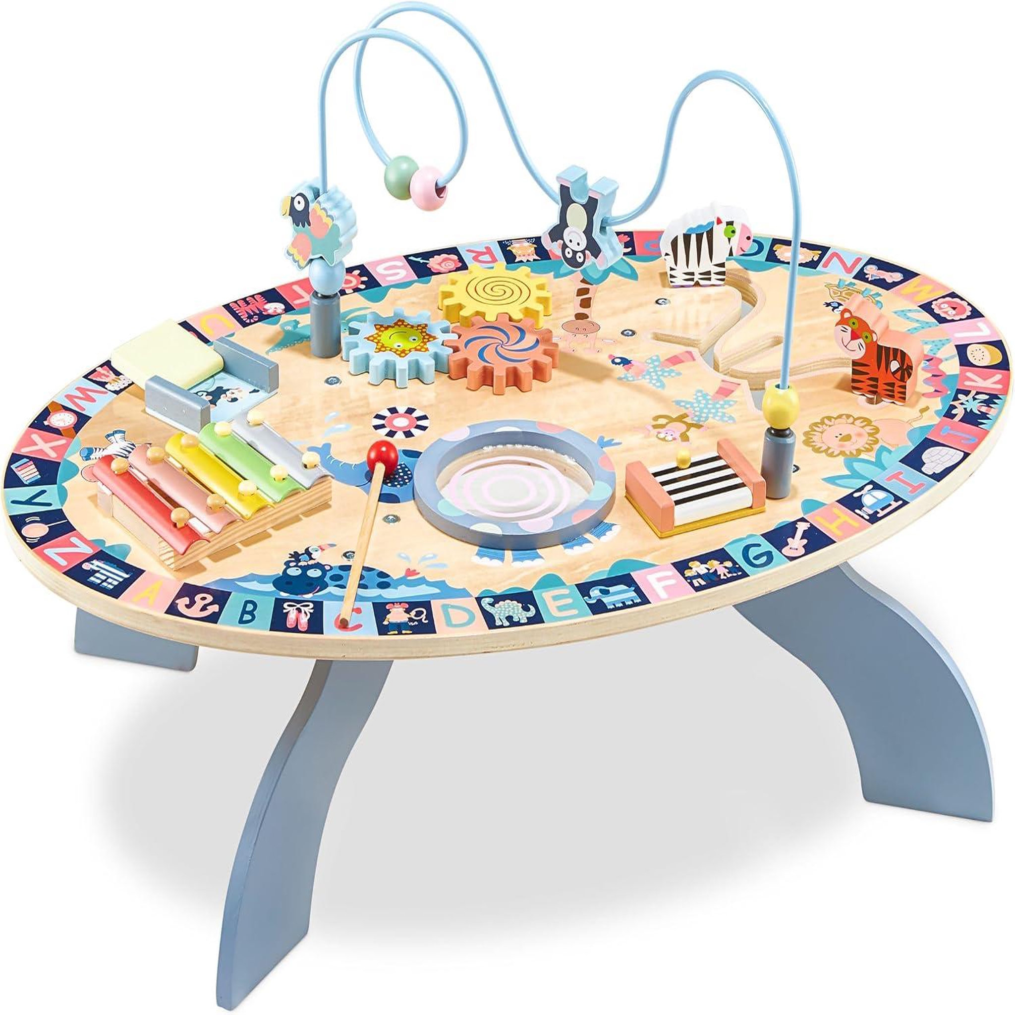 MAMABRUM Table D'activités Enfant +6 mois en Bois, Eveil Music: cymbales, tambour, labyrinthe