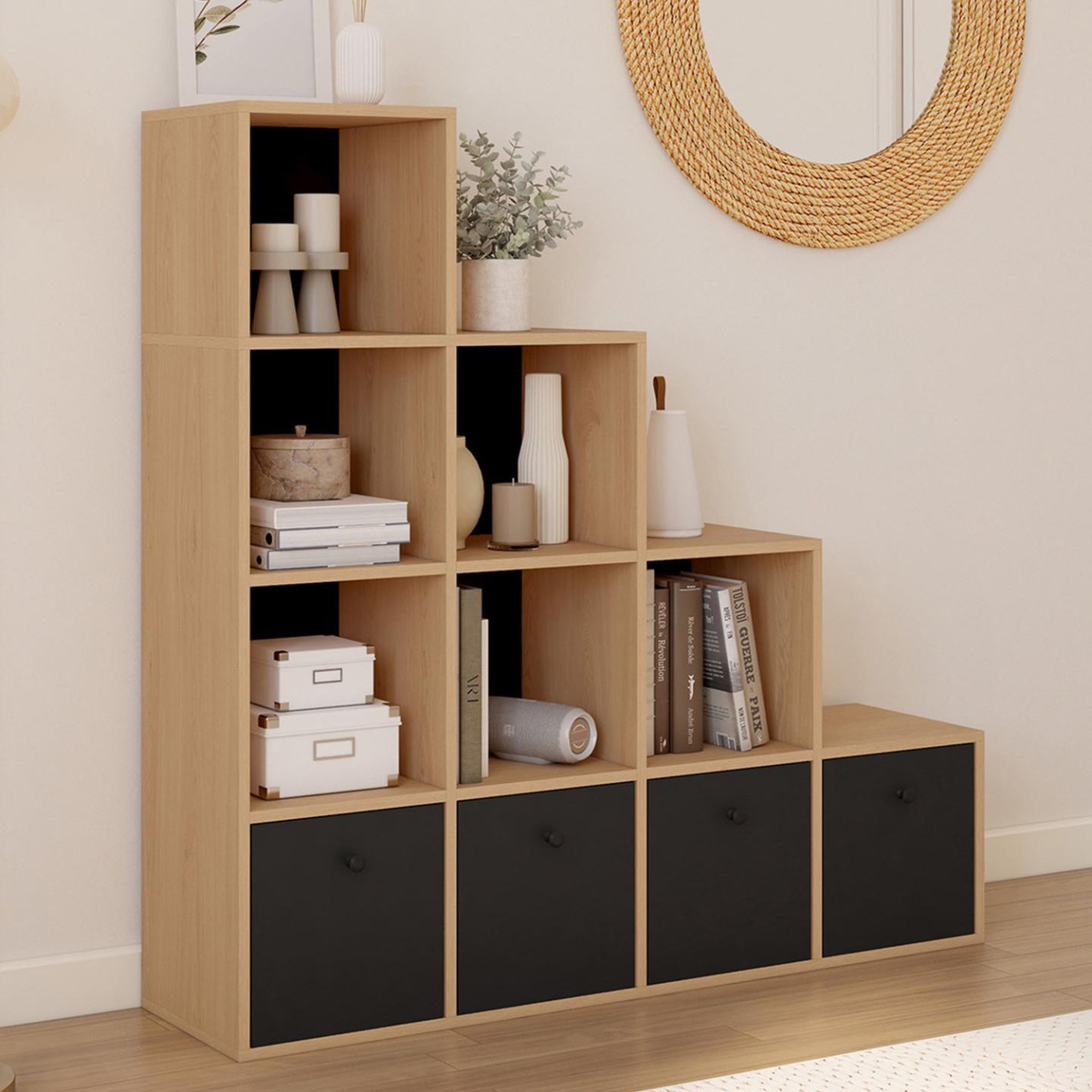 Voir la diapositive 2 : ID MARKET Meuble de rangement en escalier lorys 4 niveaux bois et noir avec 4 tiroirs en tissu