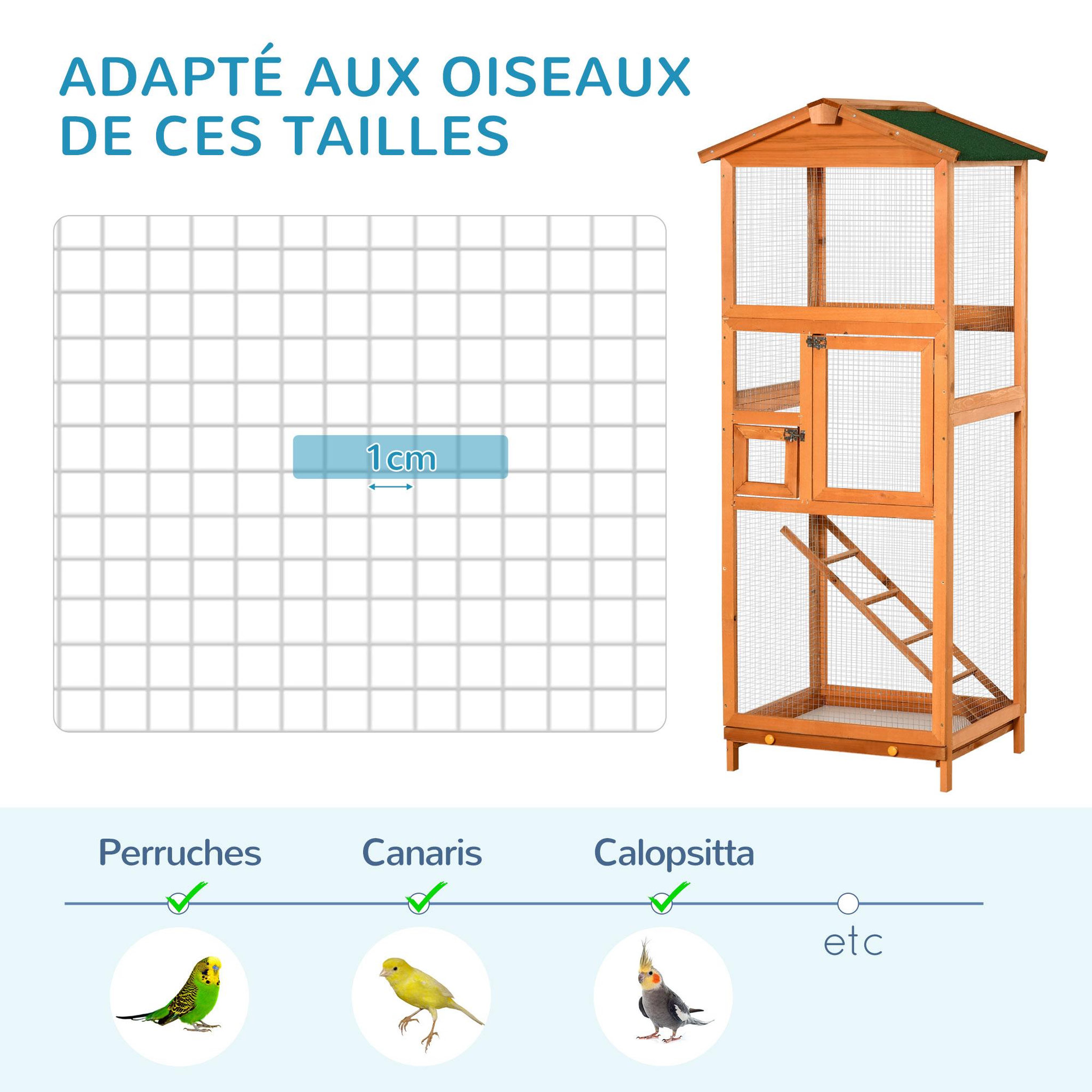 Voir la diapositive 6 : PAWHUT Volière cage à oiseaux - 2 portes tiroir déjection coulissant échelle toit bitumé - bois sapin pré-huilé