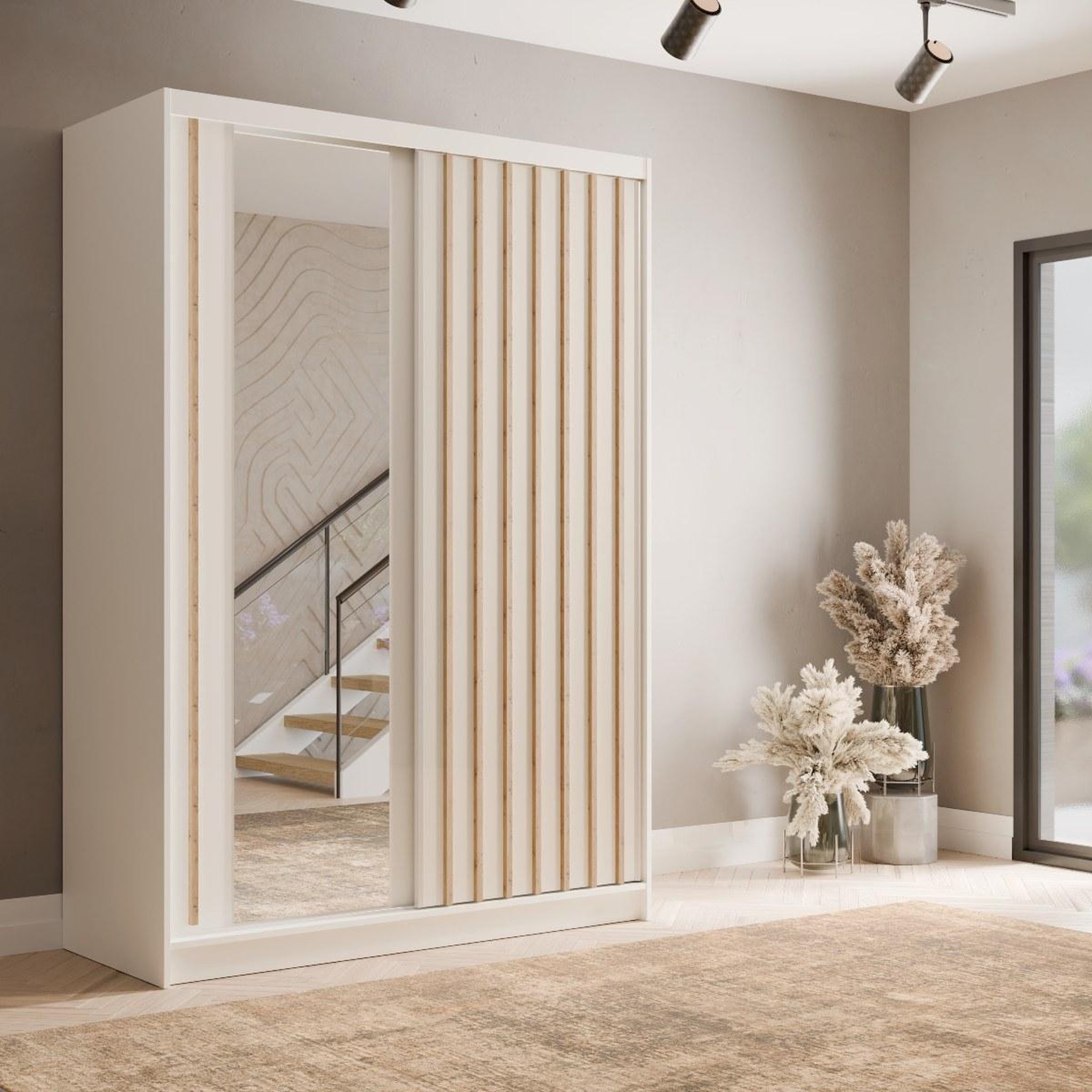 Voir la diapositive 2 : JLC KREATION Armoire dressing moderne blanc et bois 155cm celia