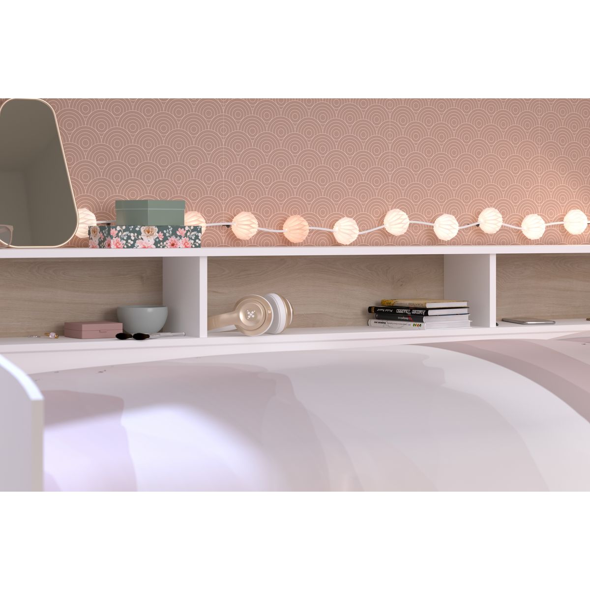 Lit banquette 90x190/200cm avec fonds de niche réversibles Blanc / Chêne NIGHT