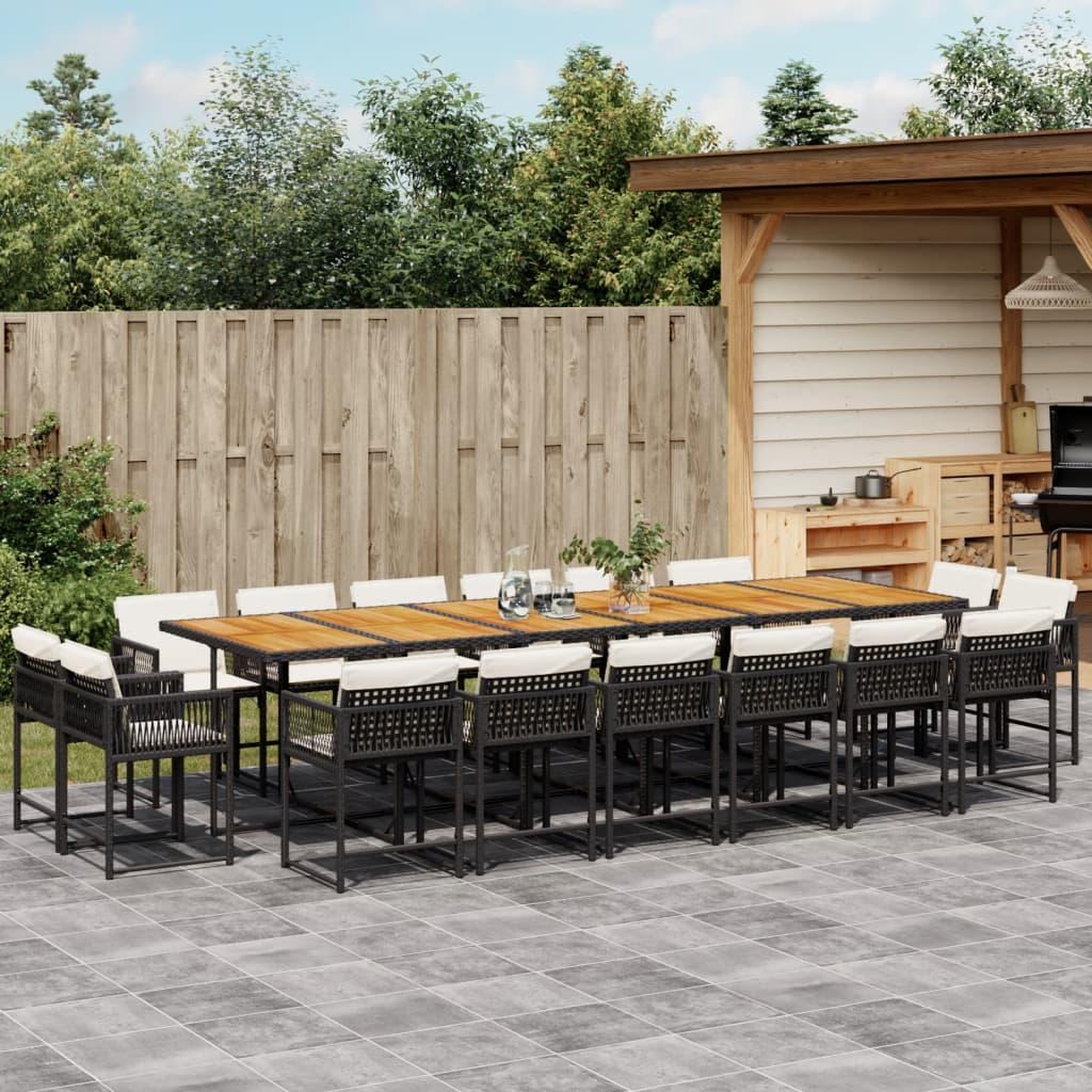 VIDAXL Ensemble a manger de jardin 17 pcs coussins noir resine tressee