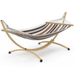 ID MARKET Hamac XL avec support métal effet bois et toile rayée noire, blanche et chocolat