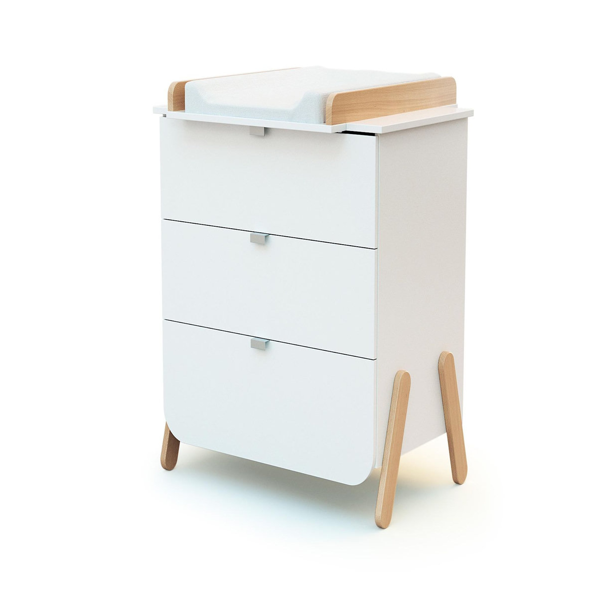 AT4 Lit bébé évolutif, commode à langer et armoire Blanc Hêtre Verni