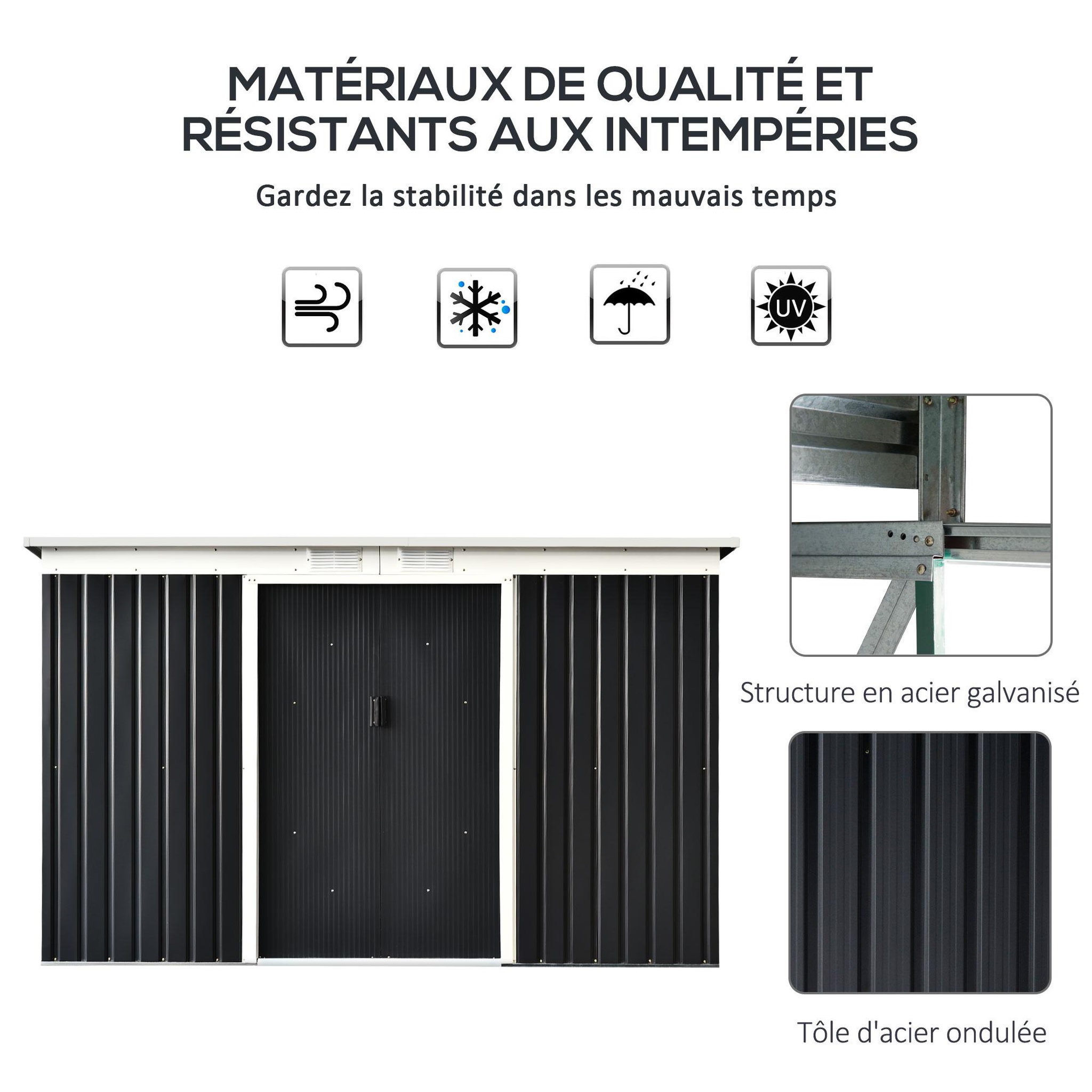 Voir la diapositive 4 : OUTSUNNY Abri de jardin - remise pour outils - cabanon portes verrouillables - dim. 2,8L x 1,3l x 1,72H m - tôle d'acier gris noir