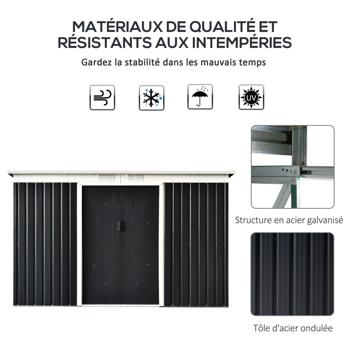 OUTSUNNY Abri de jardin - remise pour outils - cabanon portes verrouillables - dim. 2,8L x 1,3l x 1,72H m - tôle d'acier gris noir