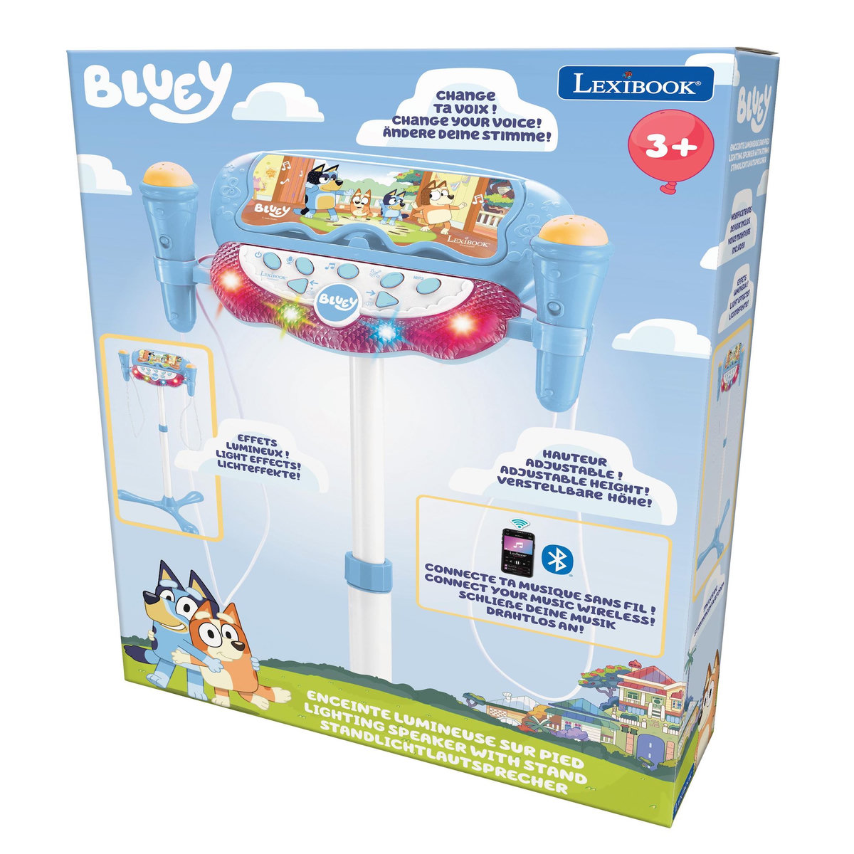 Lexibook Microphone Bluey sur pied ajustable lumineux avec enceinte, 2 Micros et Effets vocaux, Enceinte Bluetooth